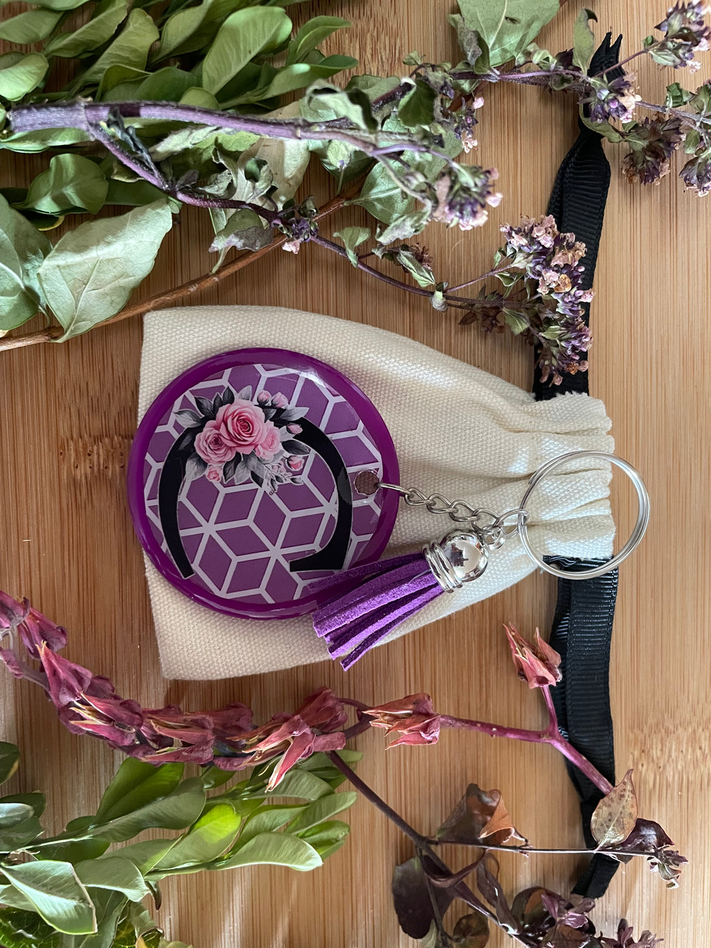 Handmade Purple Acrylic, Resin and Vinyl Letter C Keychain with Tassel.