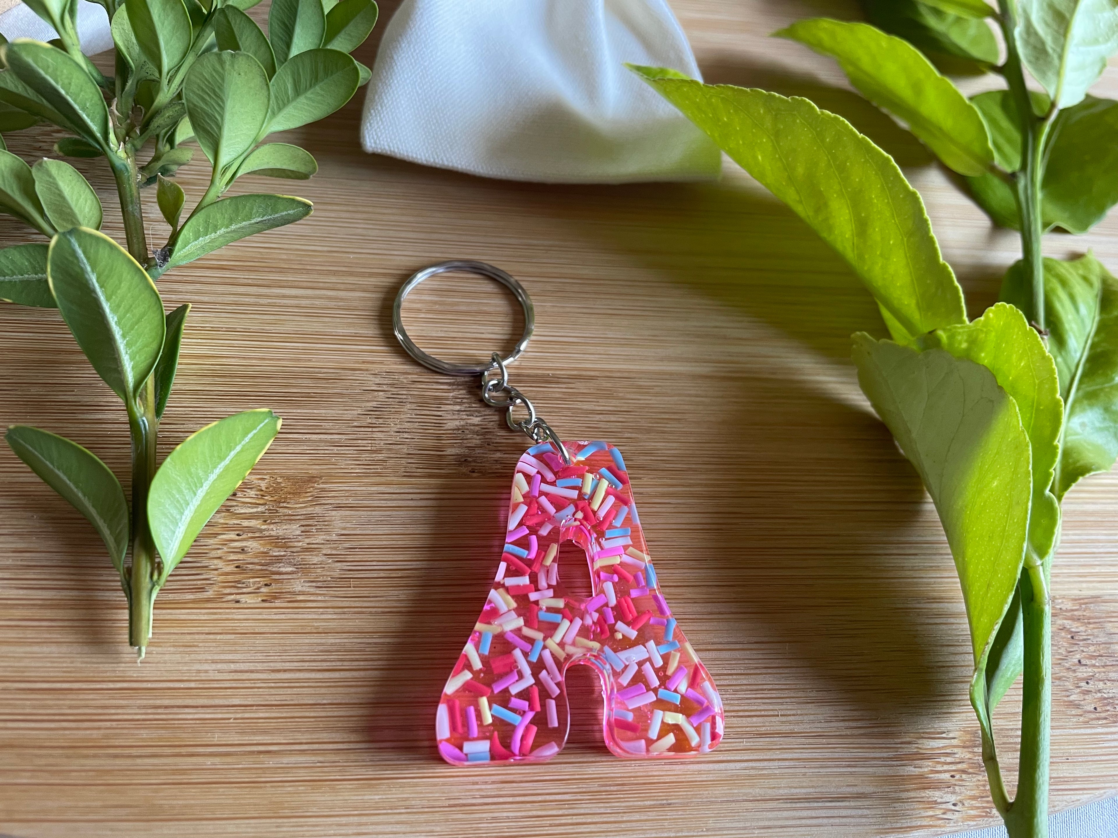 Unique Handmade Resin Keyring - Letter A with Sprinkles.