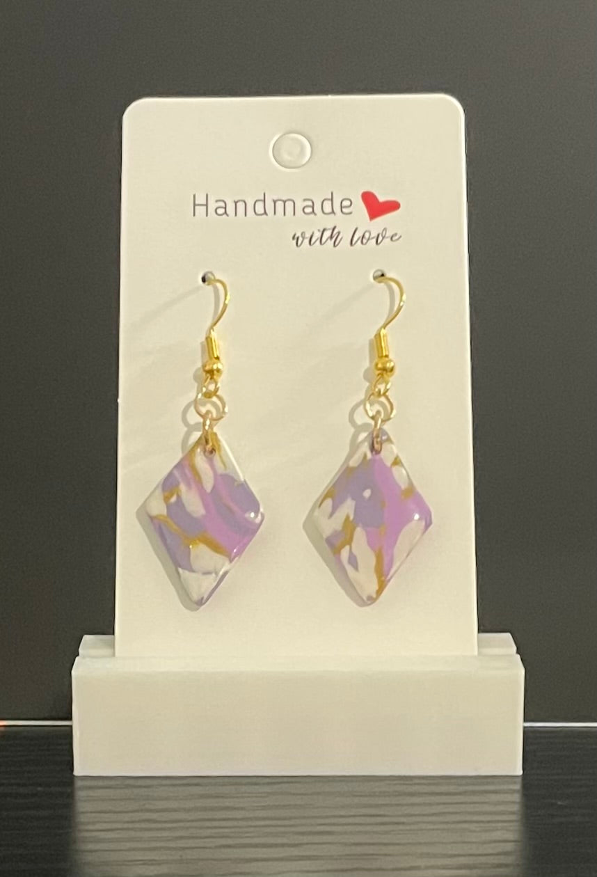 Unique Handmade Polymer Clay Dangly Earrings. Marbled Purple, White and Gold Tones. Finished With Clear Resin.