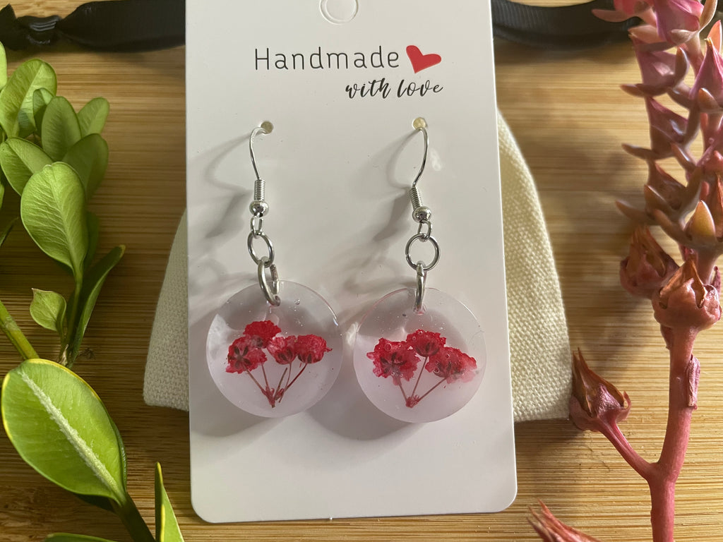 Unique Handmade Resin Round Dangly Earrings with Real Red Flowers.