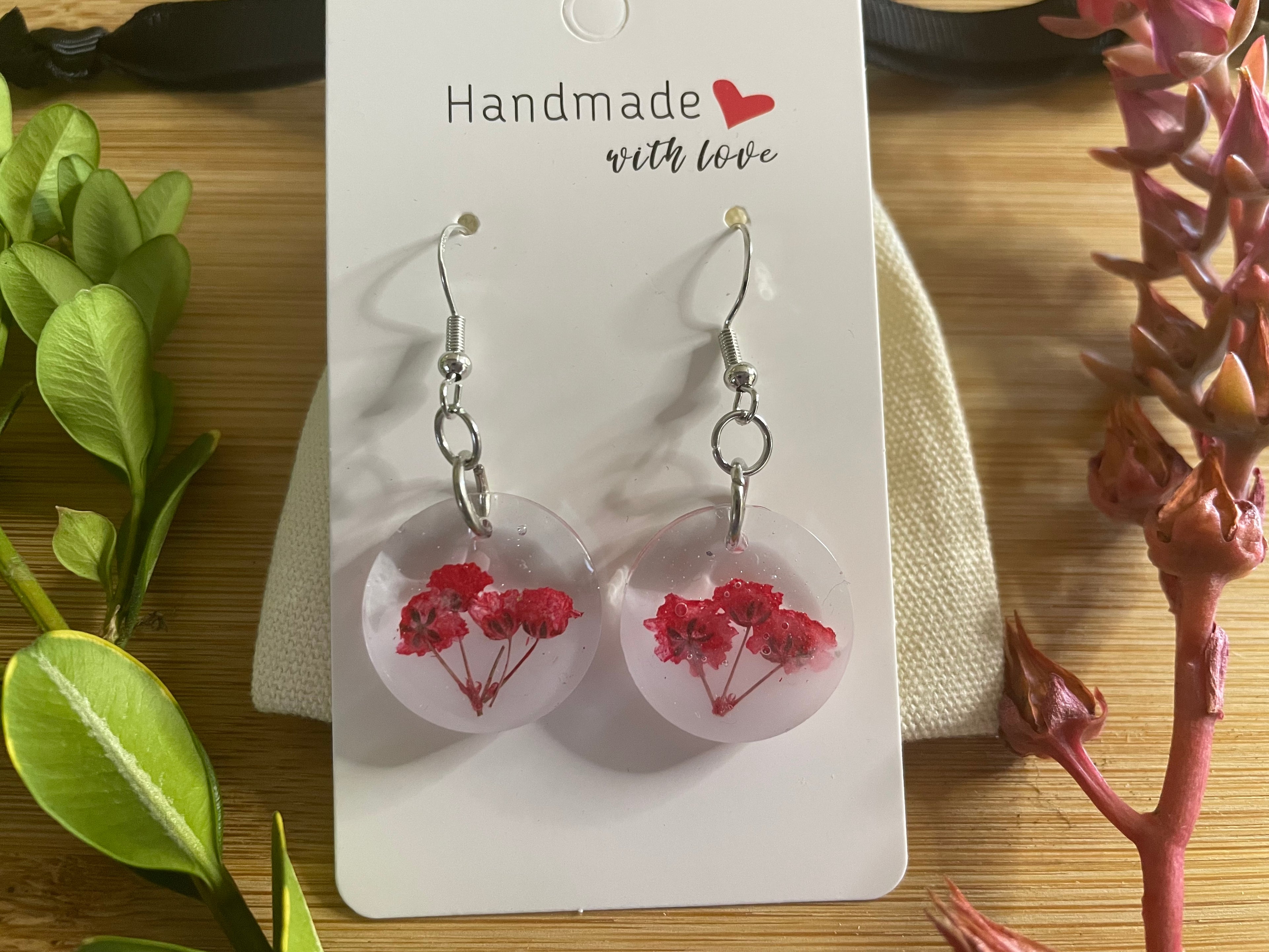 Unique Handmade Resin Round Dangly Earrings with Real Red Flowers.