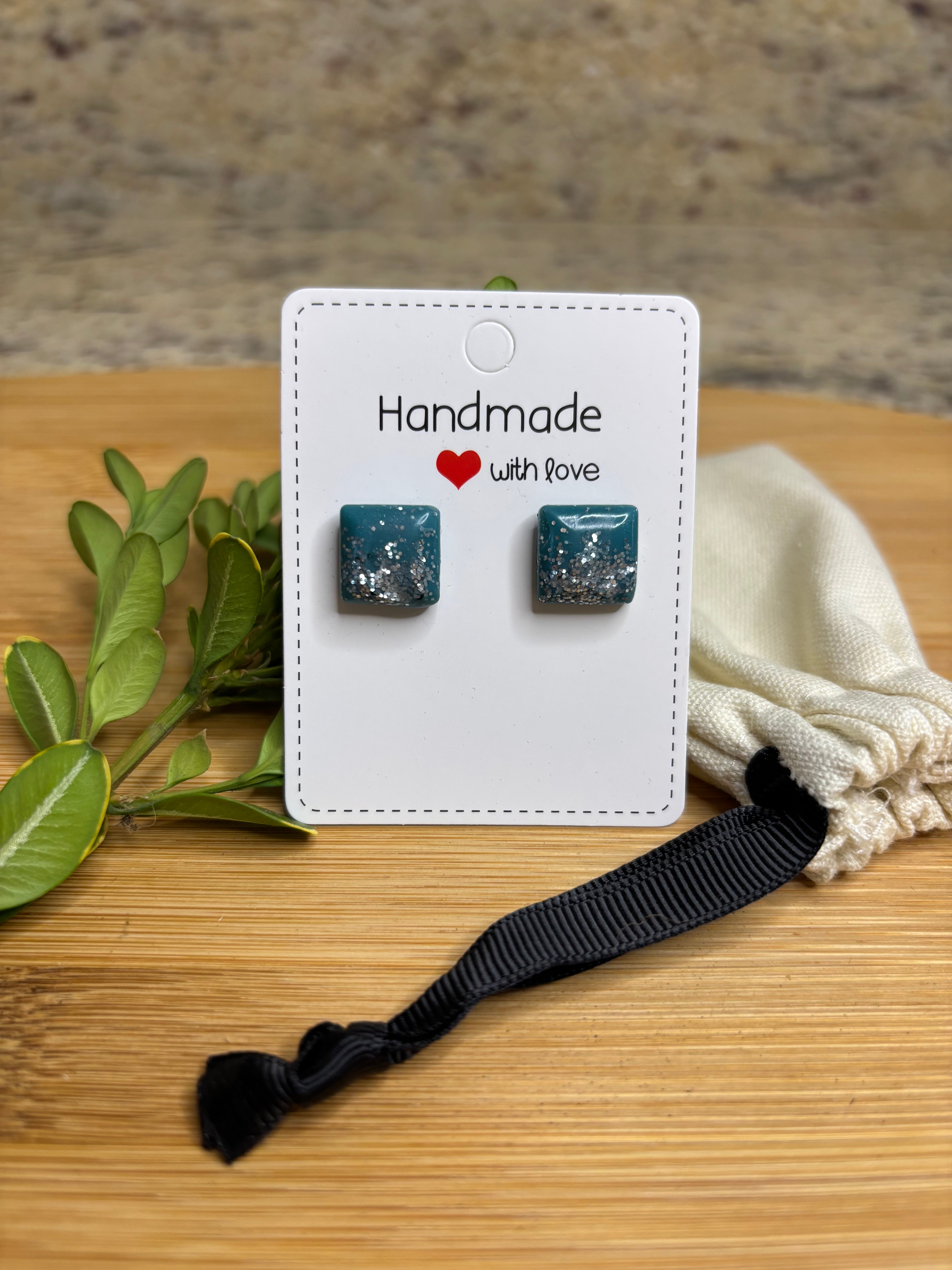Unique Handmade Resin Stud Earrings. Green/Teal with Silver Glitter. Birthday. Special Occasion. Gift. Everyday Wear.
