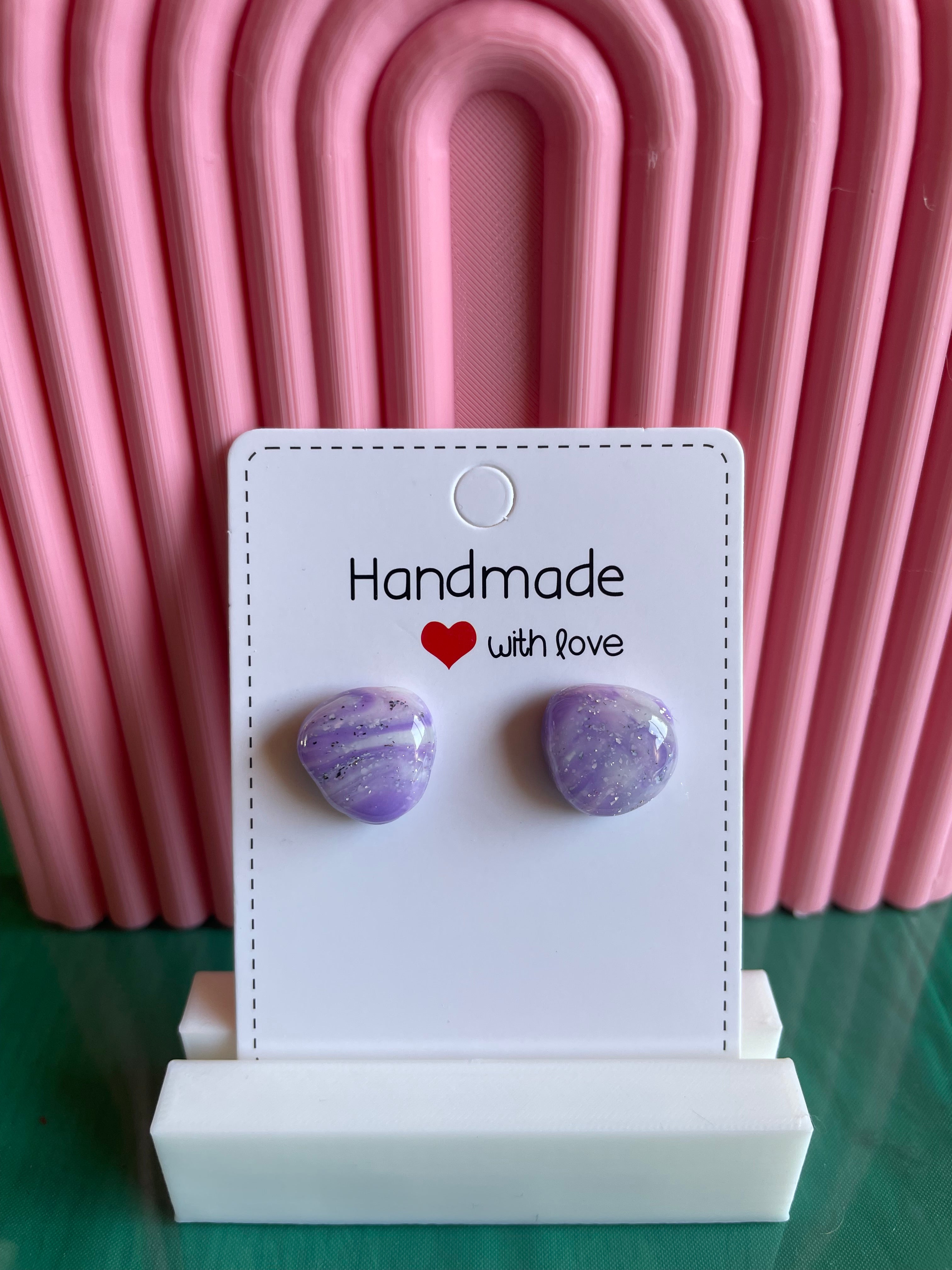 Unique Handmade Polymer Clay and Resin Studs Marbled Purple, White and Silver