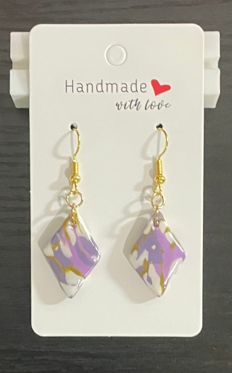 Unique Handmade Polymer Clay Dangly Earrings. Marbled Purple, White and Gold Tones. Finished With Clear Resin.