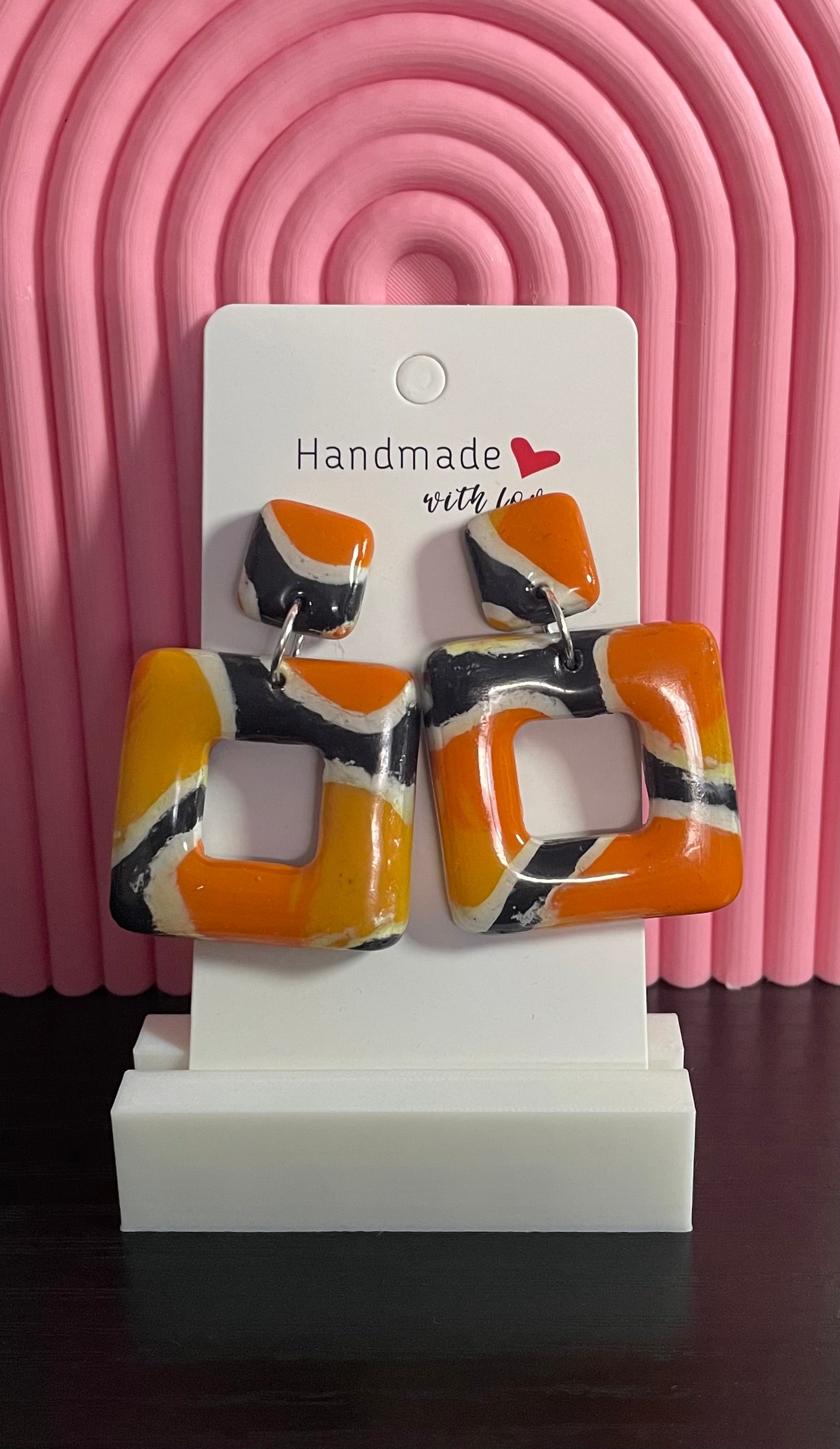 Unique Handmade Polymer Clay and Resin Earrings. One Of A Kind Orange, Yellow, Black and White.