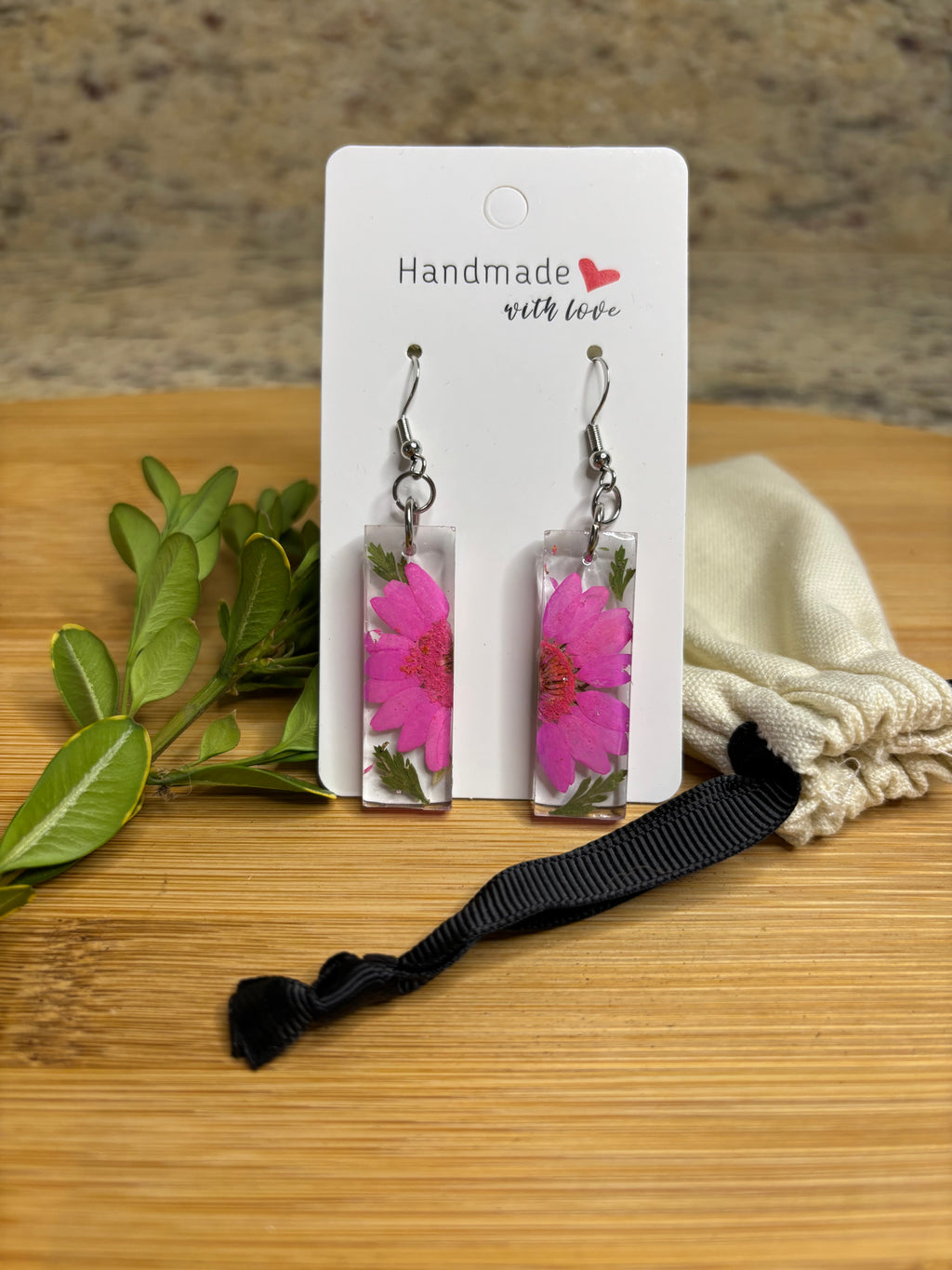 Handmade Dangly Resin Earrings with Real Dried Flowers