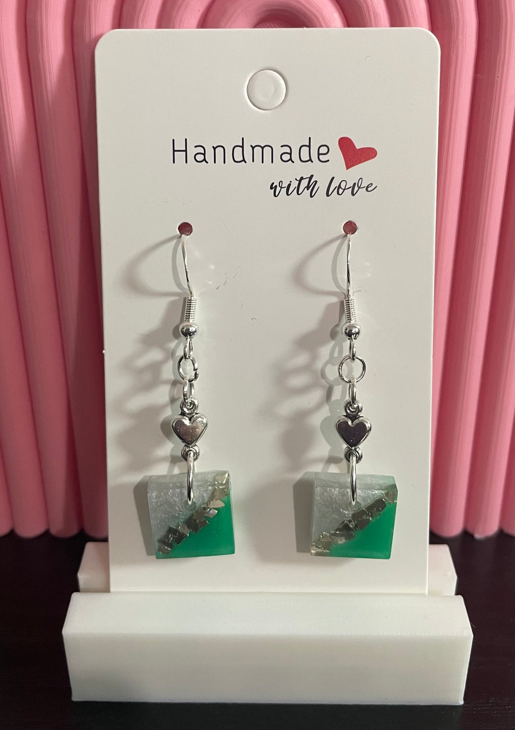 Unique Handmade Resin Dangly Earrings. Two-Tone Green and Pearl White.