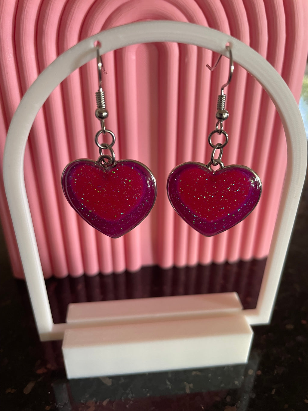 Unique Sparkly, Glittery and Dangly Pink and Purple Handmade Resin Love Heart Earrings