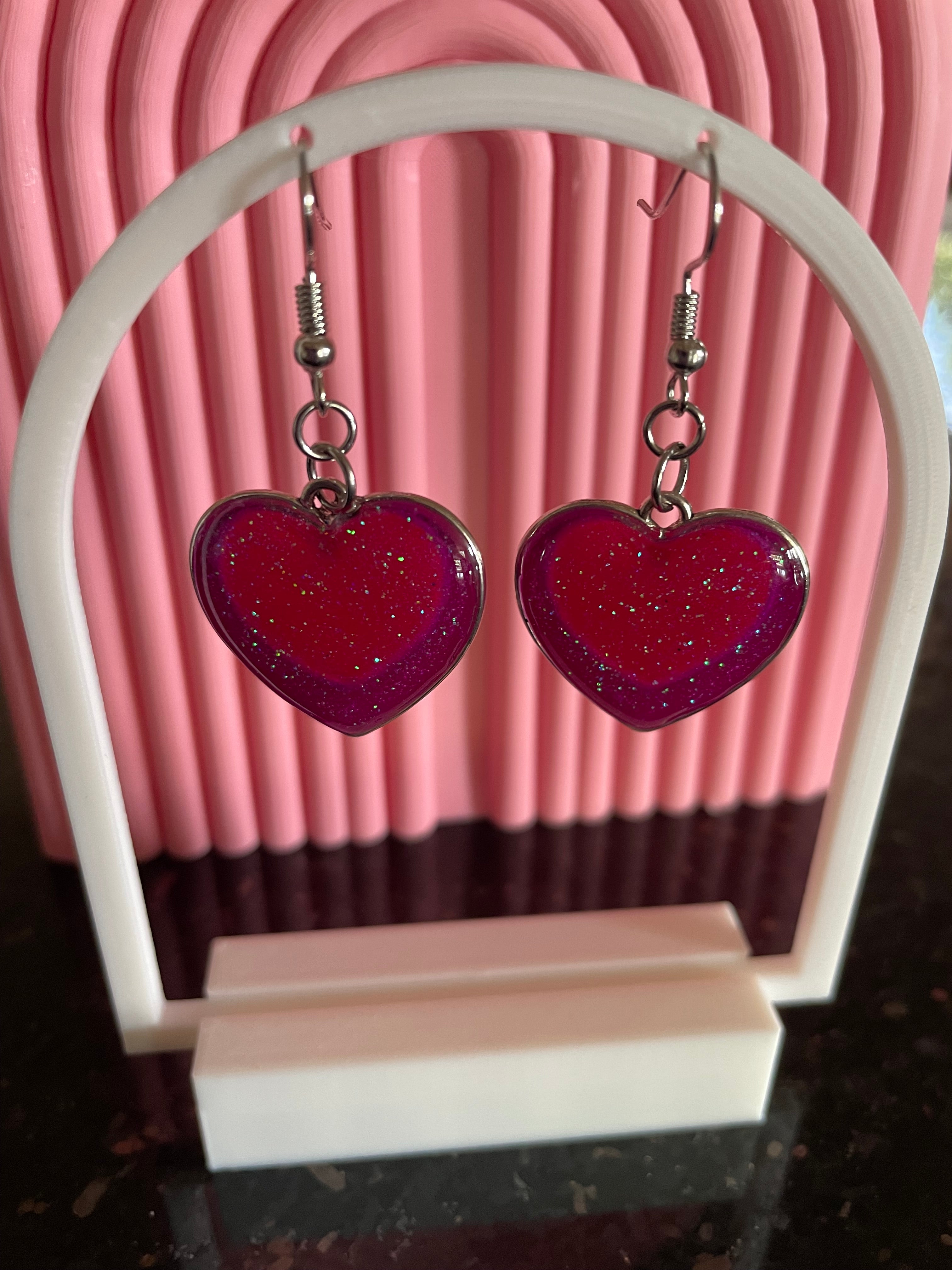Unique Sparkly, Glittery and Dangly Pink and Purple Handmade Resin Love Heart Earrings