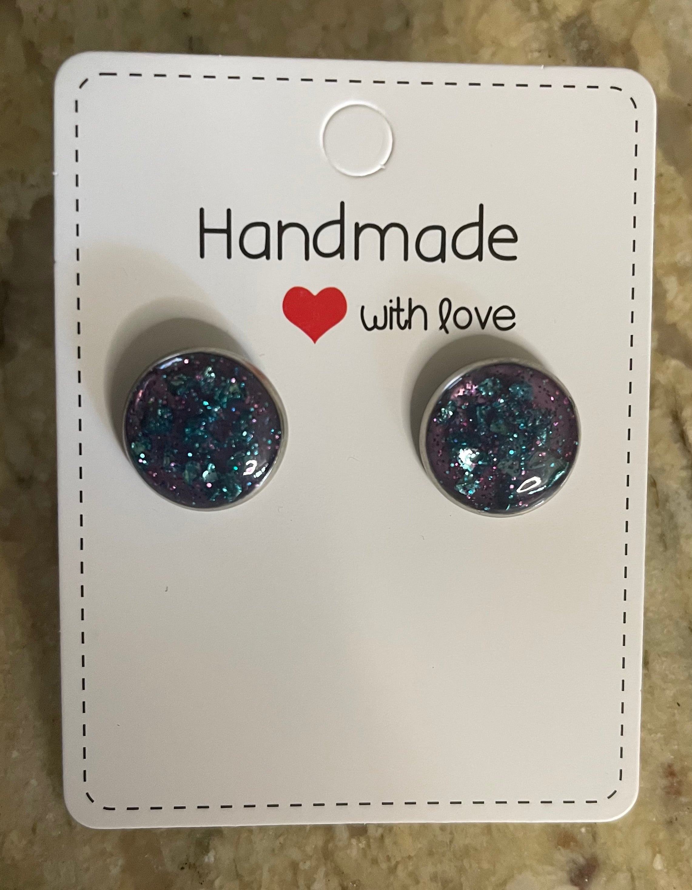 Round Studs with Purple Background and Teal Crushed Glass
