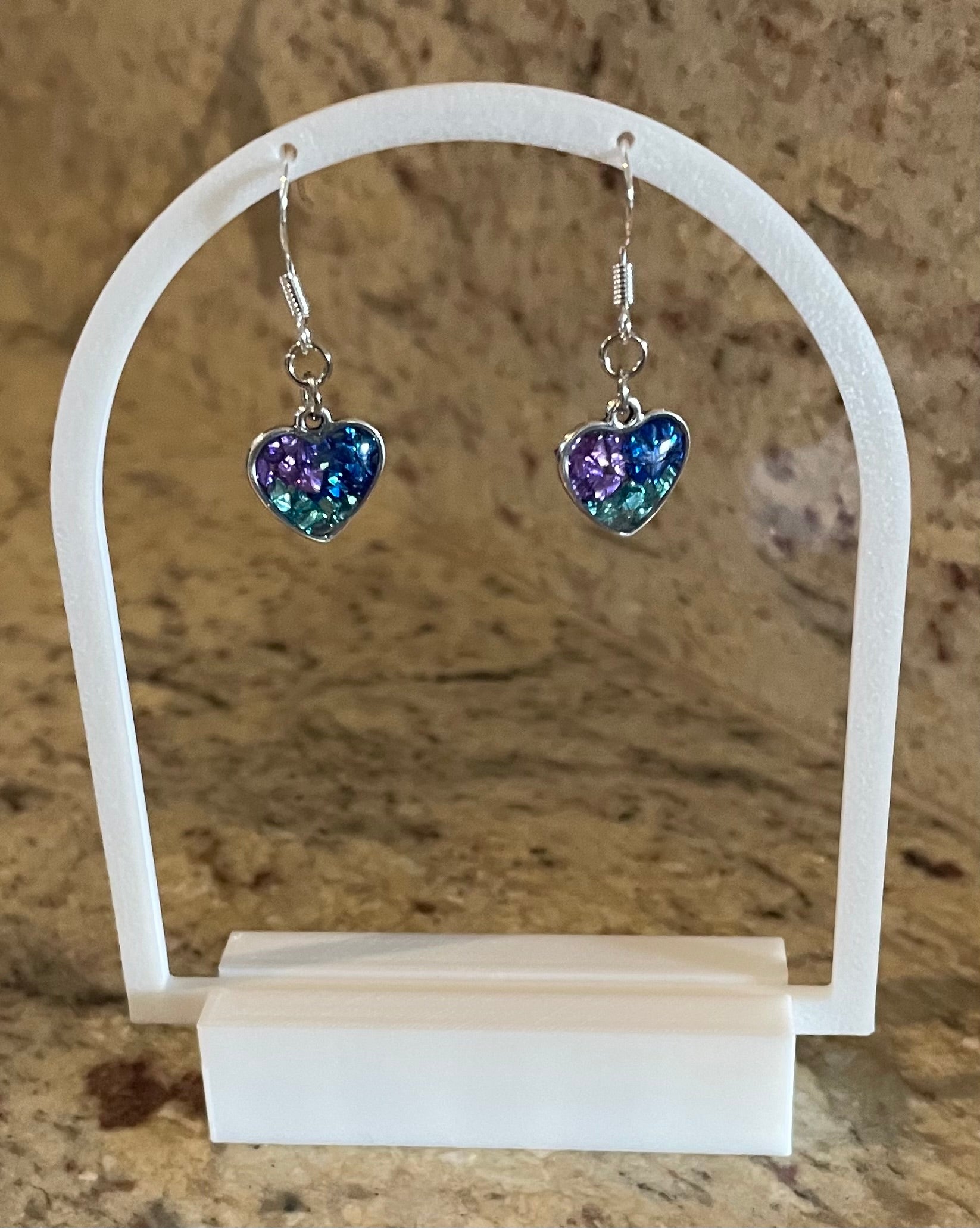 Tri-Colour Sparkly Love Heart Dangly Earrings. Perfect for a Gift, Special Occasions or Colourful Everyday Wear.