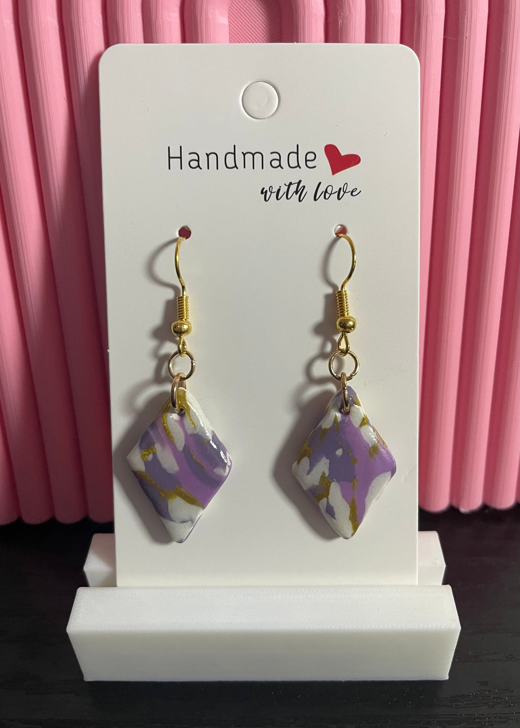 Unique Handmade Polymer Clay Dangly Earrings. Marbled Purple, White and Gold Tones. Finished With Clear Resin.