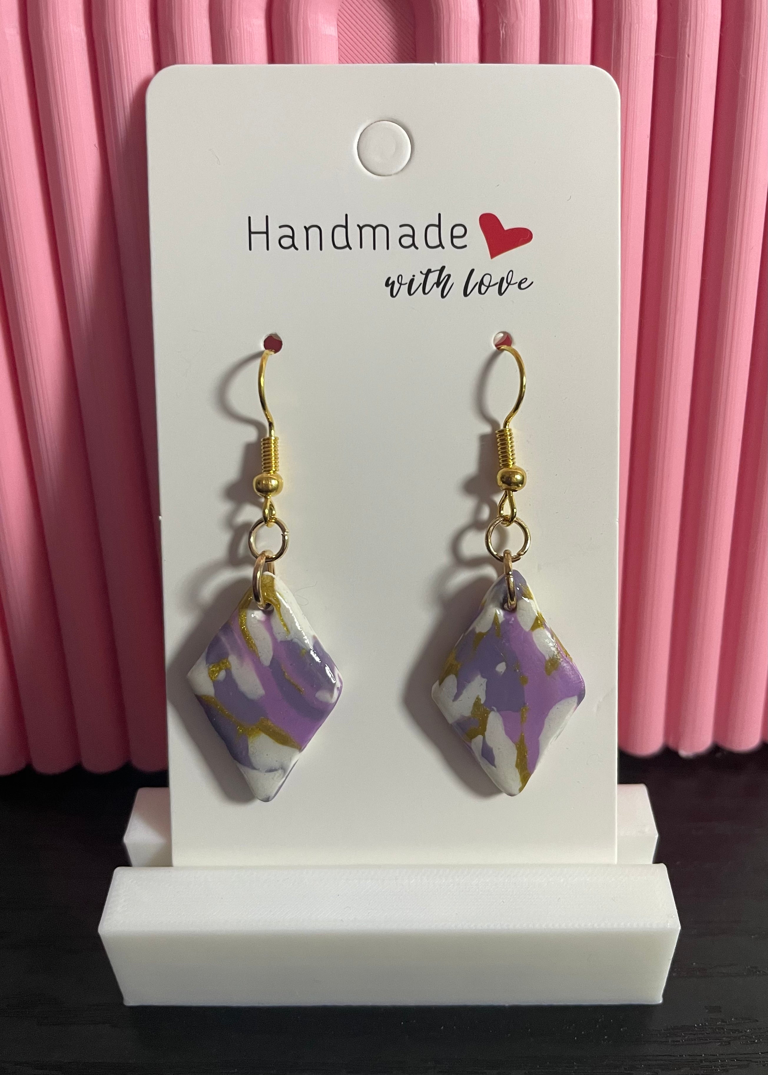 Unique Handmade Polymer Clay Dangly Earrings. Marbled Purple, White and Gold Tones. Finished With Clear Resin.