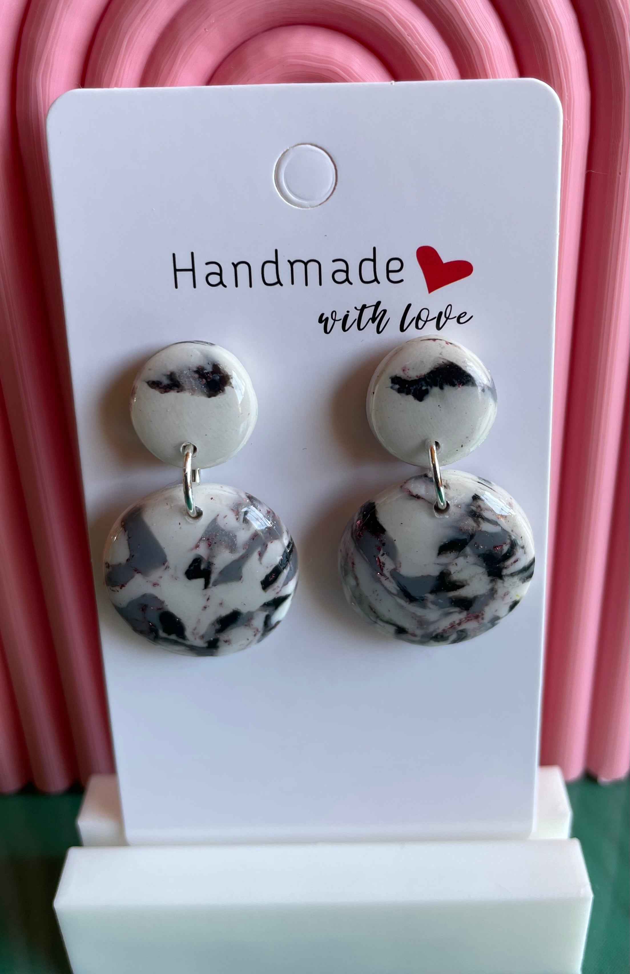 Unique Handmade Marbled Polymer Clay and Resin Round Dangly Earrings