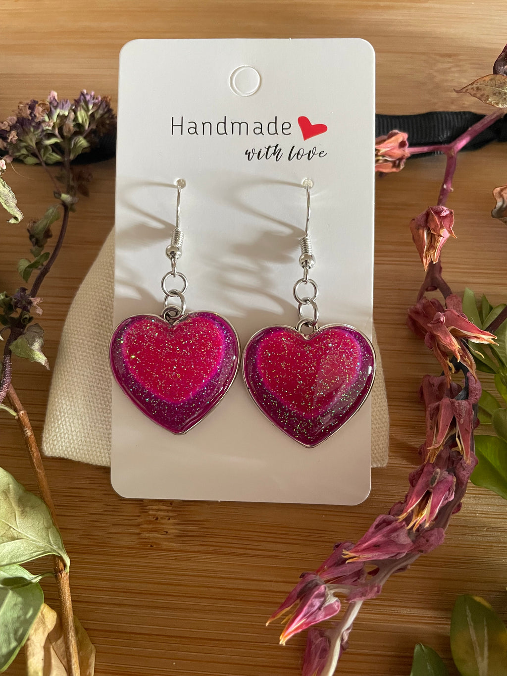 Unique Sparkly, Glittery and Dangly Pink and Purple Handmade Resin Love Heart Earrings