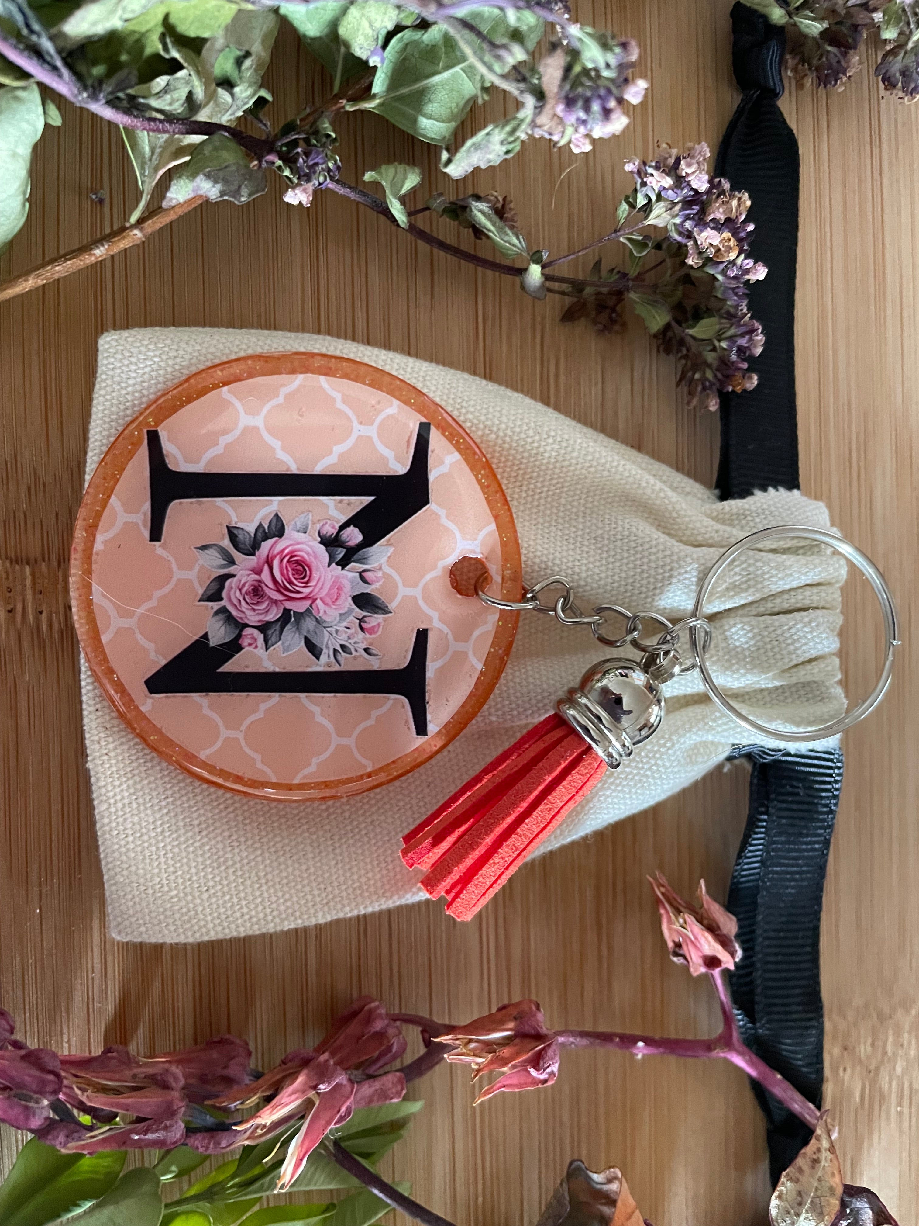 Handmade Letter N Acrylic and Resin Keychain with Vinyl Decals.