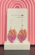 Unique Handmade Polymer Clay Dangly Earrings. Salmon Colour with Magenta/Purple Foil.