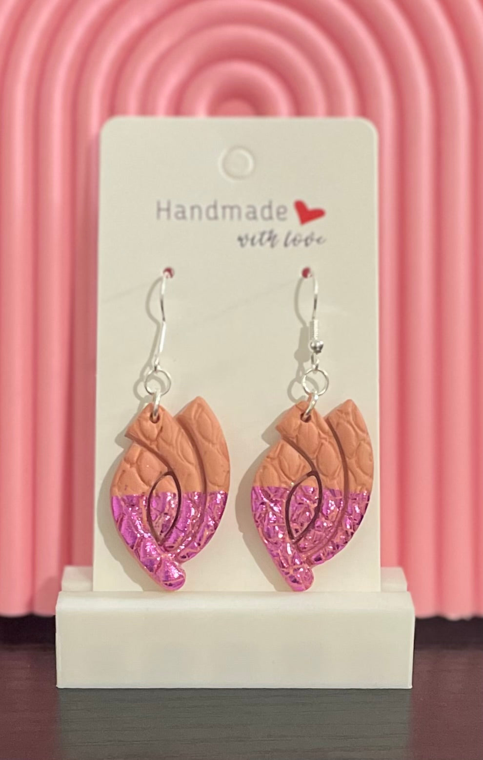 Unique Handmade Polymer Clay Dangly Earrings. Salmon Colour with Magenta/Purple Foil.