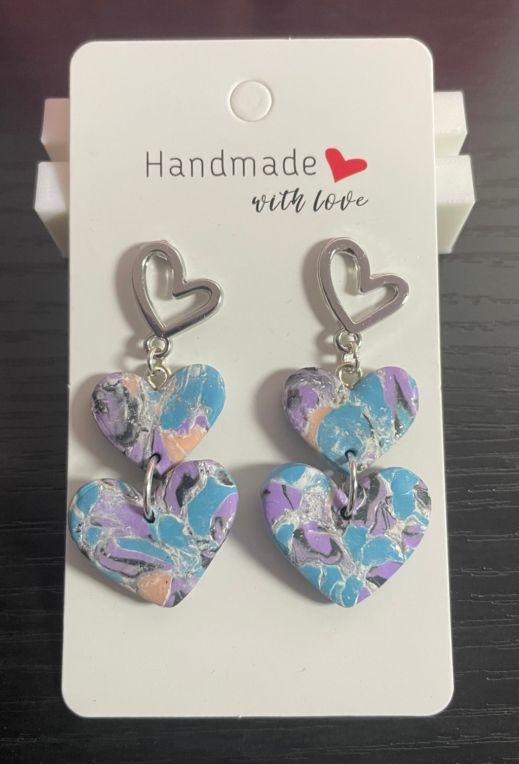 Unique Handmade Polymer Clay Triple Heart Dangly Earrings. Multi coloured Marbled Design.
