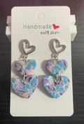 Unique Handmade Polymer Clay Triple Heart Dangly Earrings. Multi coloured Marbled Design.
