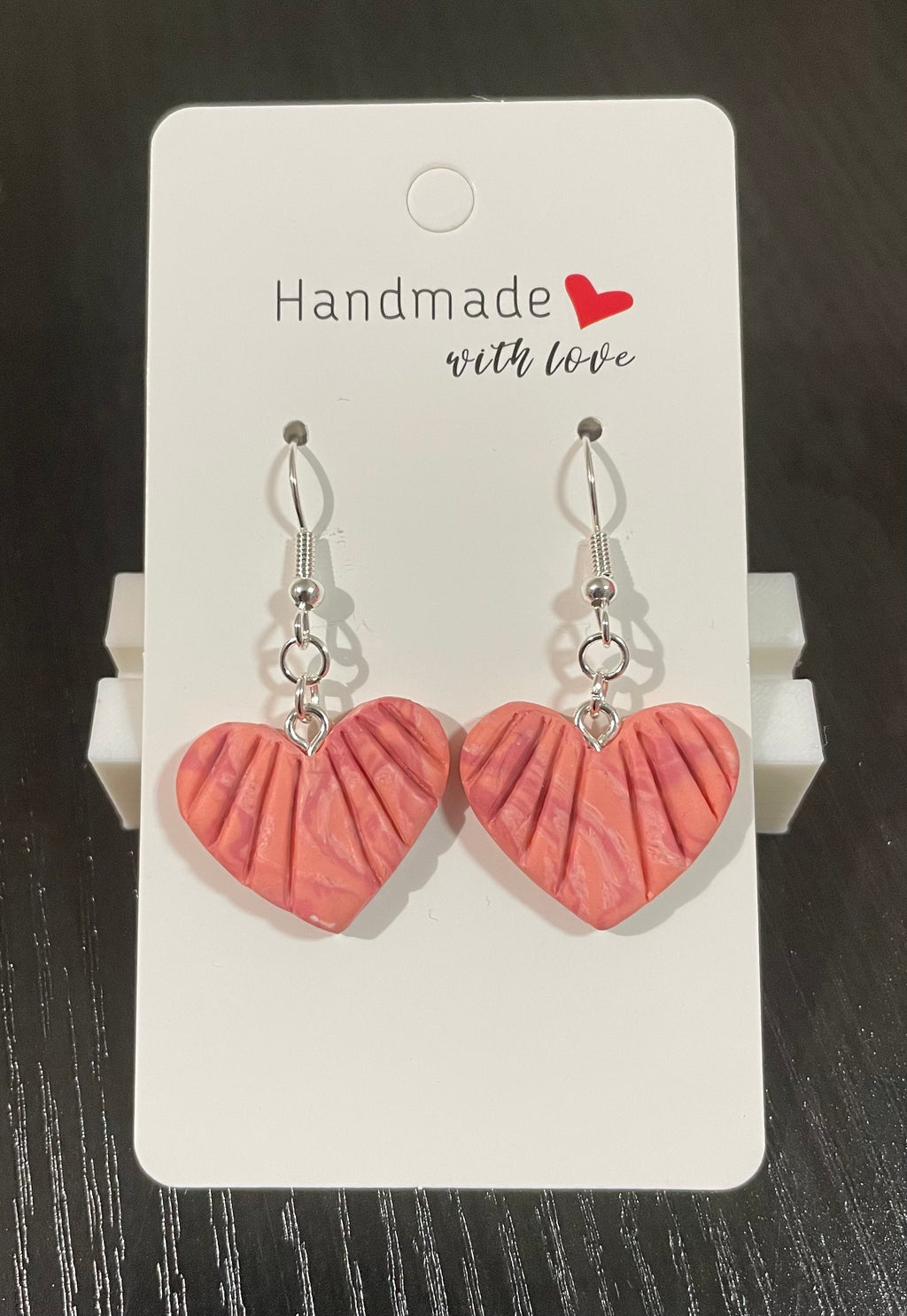 Unique Handmade Polymer Clay Love Heart Earrings. Marbled Pink Colour.