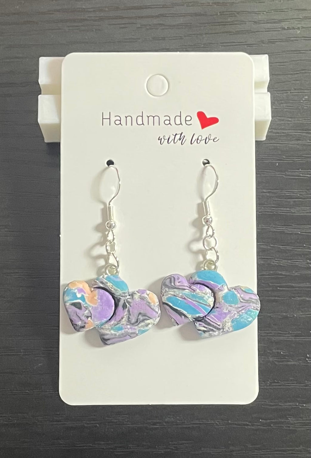 Unique Handmade Polymer Clay Double Heart Dangly Earrings. Multicolour Marbled Effect.