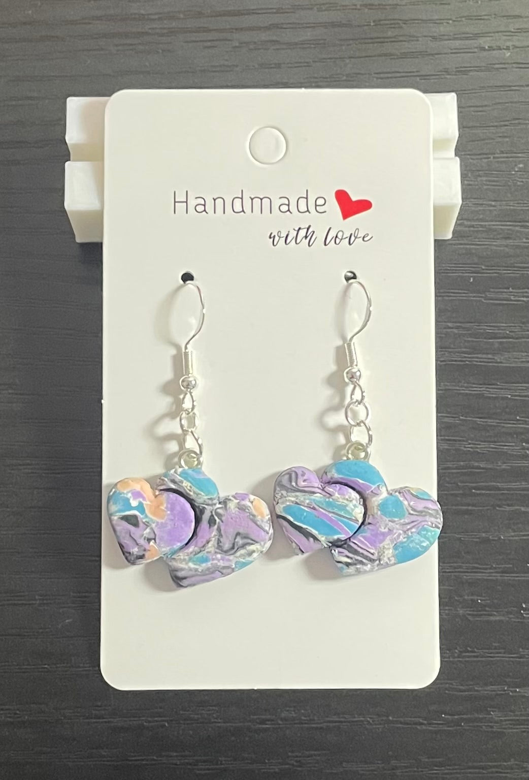 Unique Handmade Polymer Clay Double Heart Dangly Earrings. Multicolour Marbled Effect.