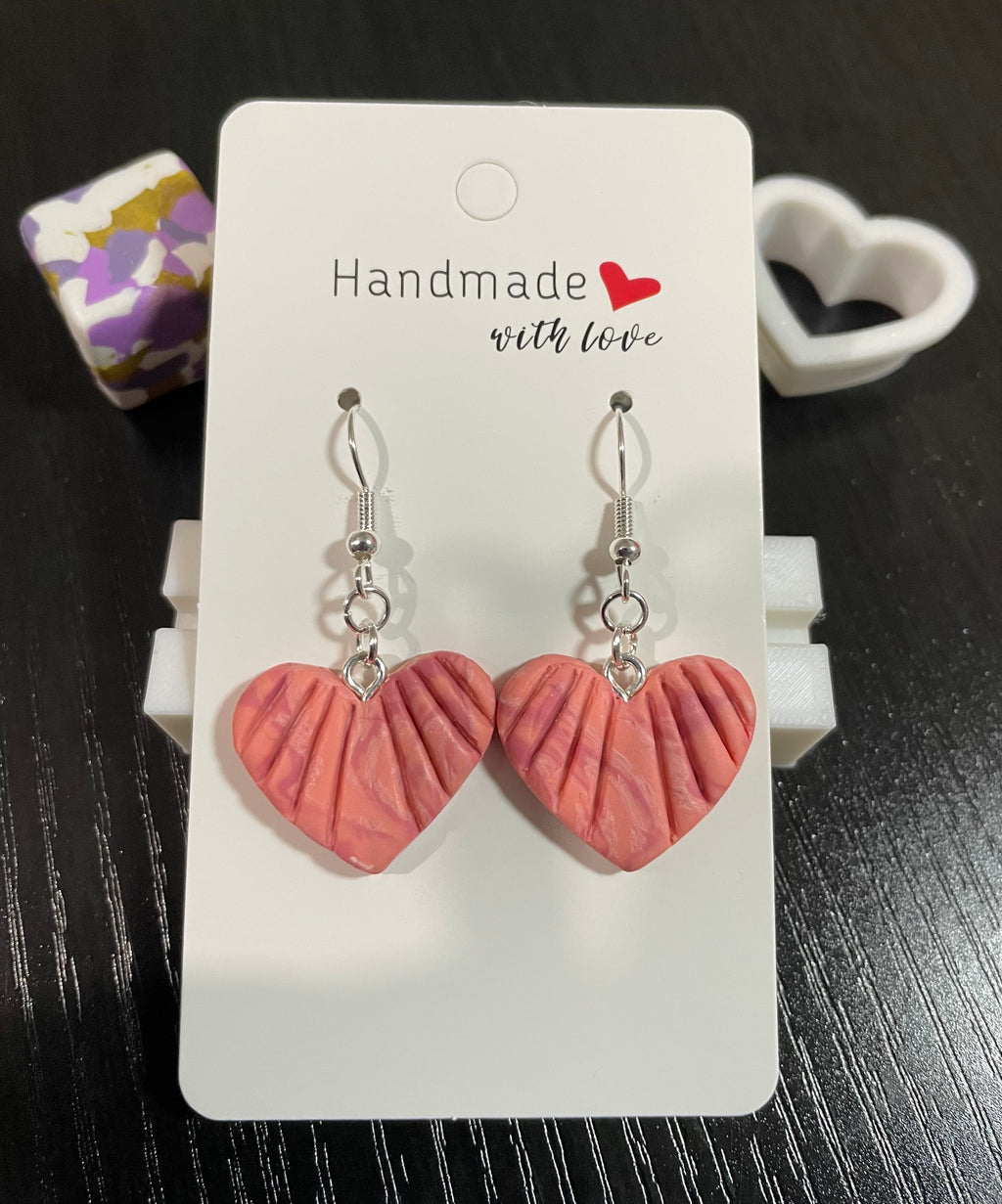 Unique Handmade Polymer Clay Love Heart Earrings. Marbled Pink Colour.