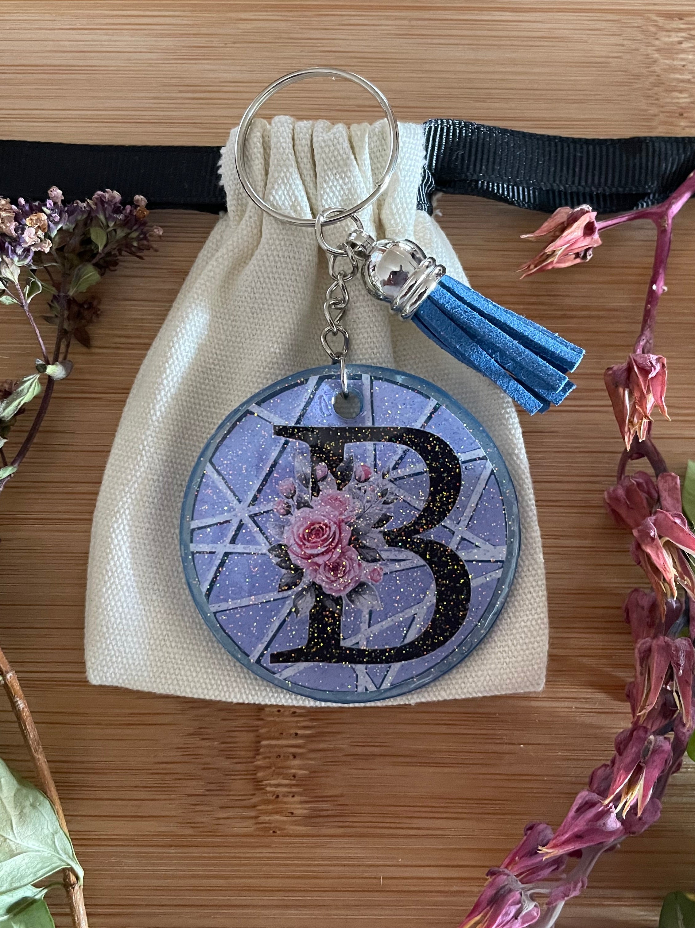 Handmade Letter B Acrylic and Resin Keychain with Tassle
