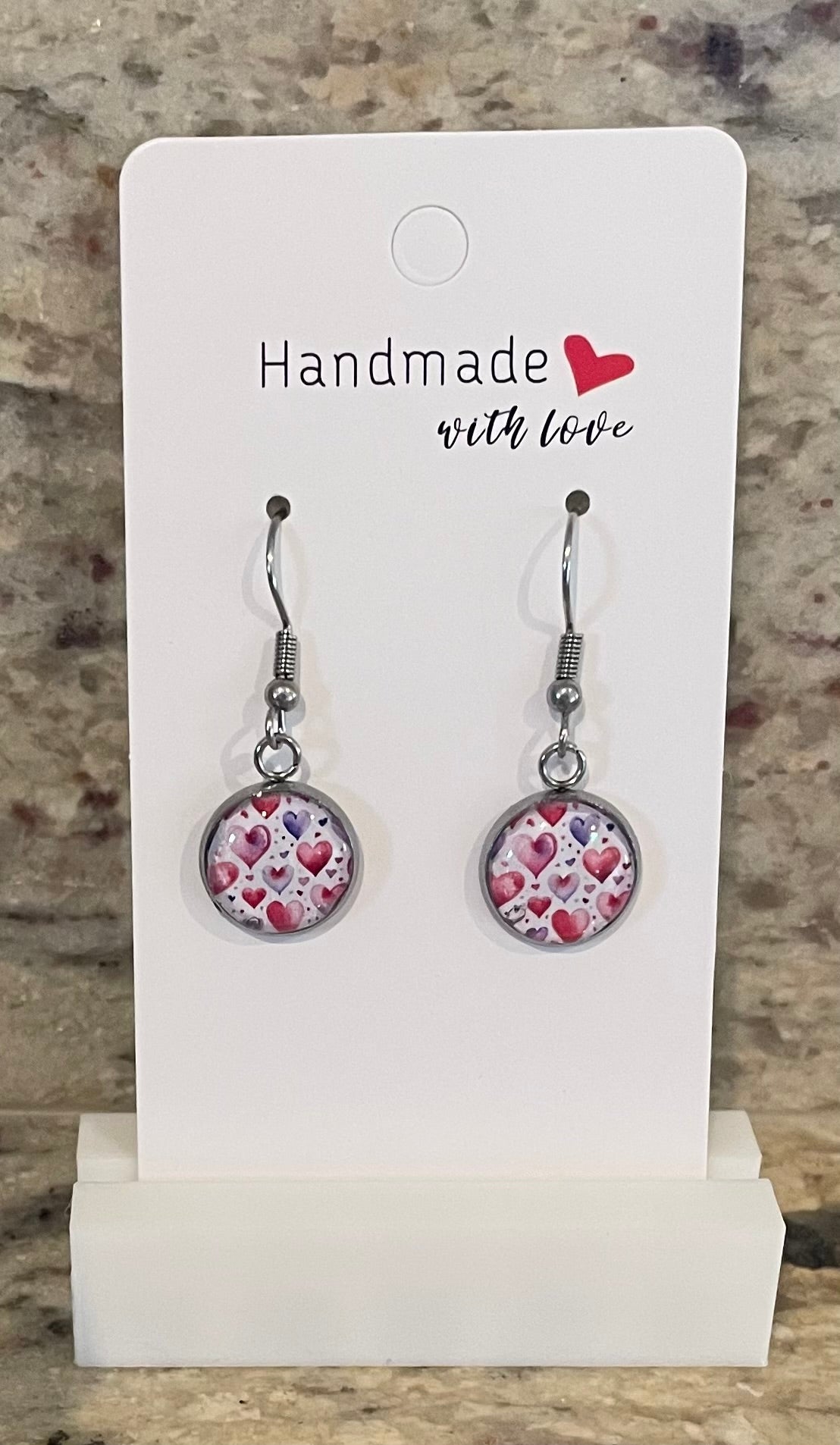 Unique Handmade Dangly Resin Earrings. Beautiful Love Heart Print. Perfect Gift or for Everyday Wear.