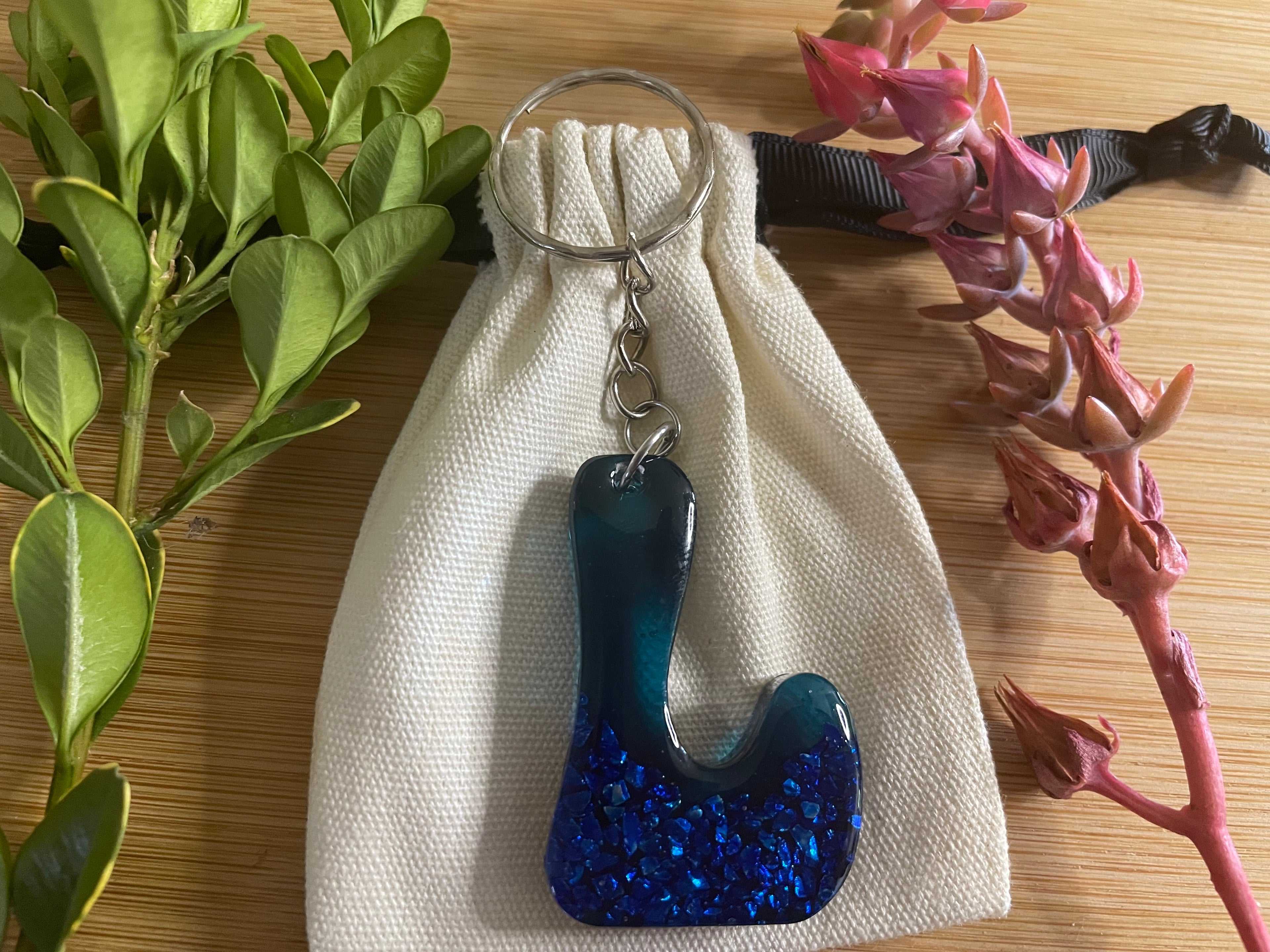 Unique Handmade Resin Keyring - Letter L. Blue with Sparkly Stones