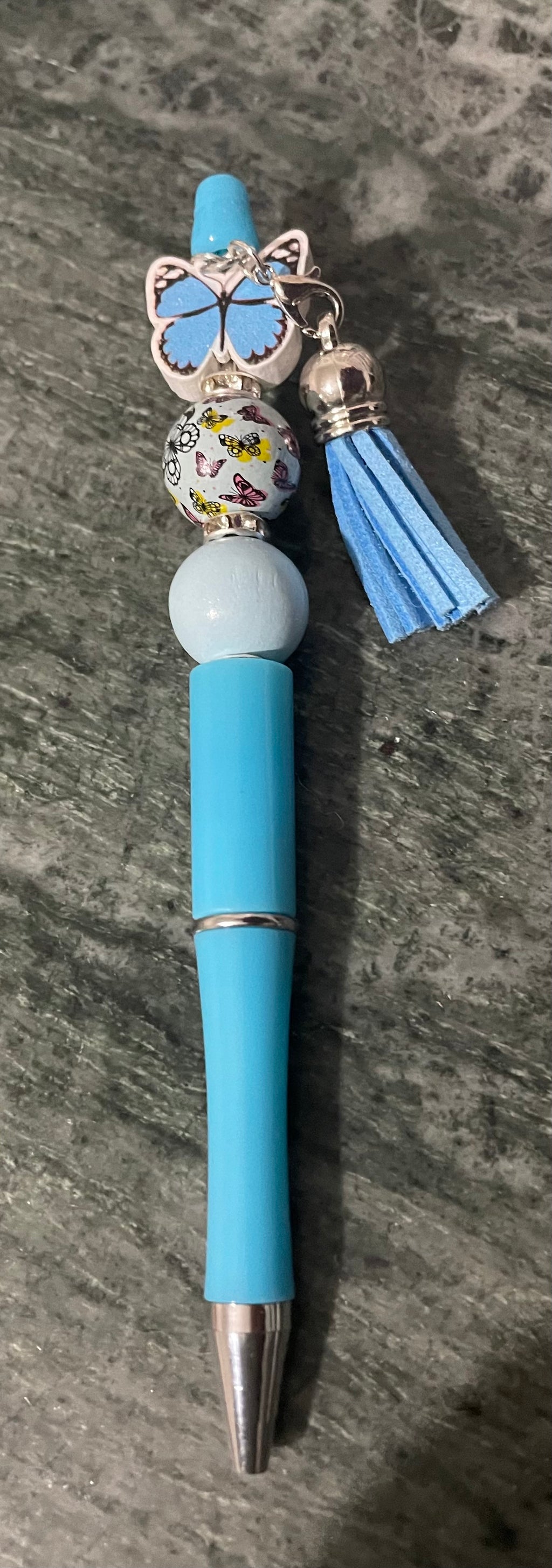 Unique Blue Butterfly Beaded Pen With Tassel.