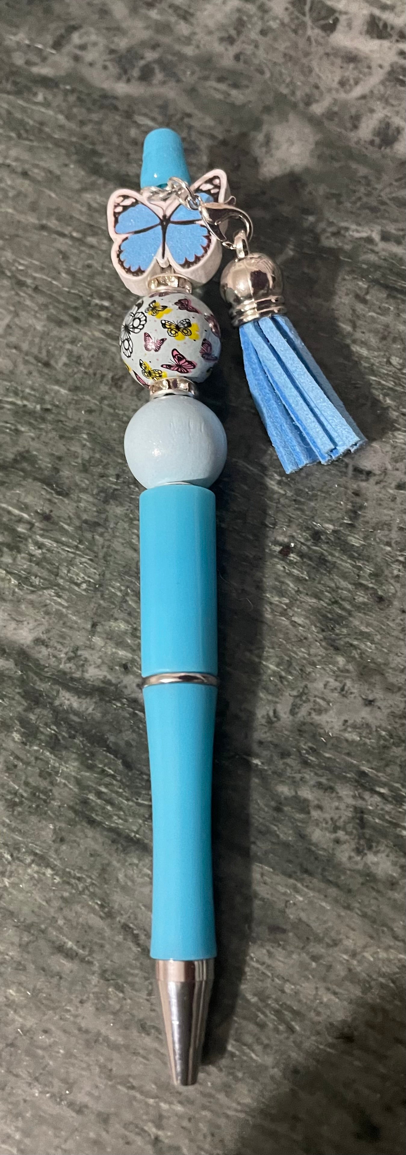 Unique Blue Butterfly Beaded Pen With Tassel.
