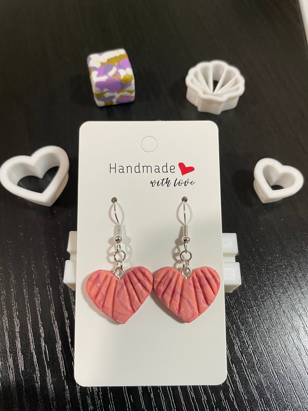 Unique Handmade Polymer Clay Love Heart Earrings. Marbled Pink Colour.