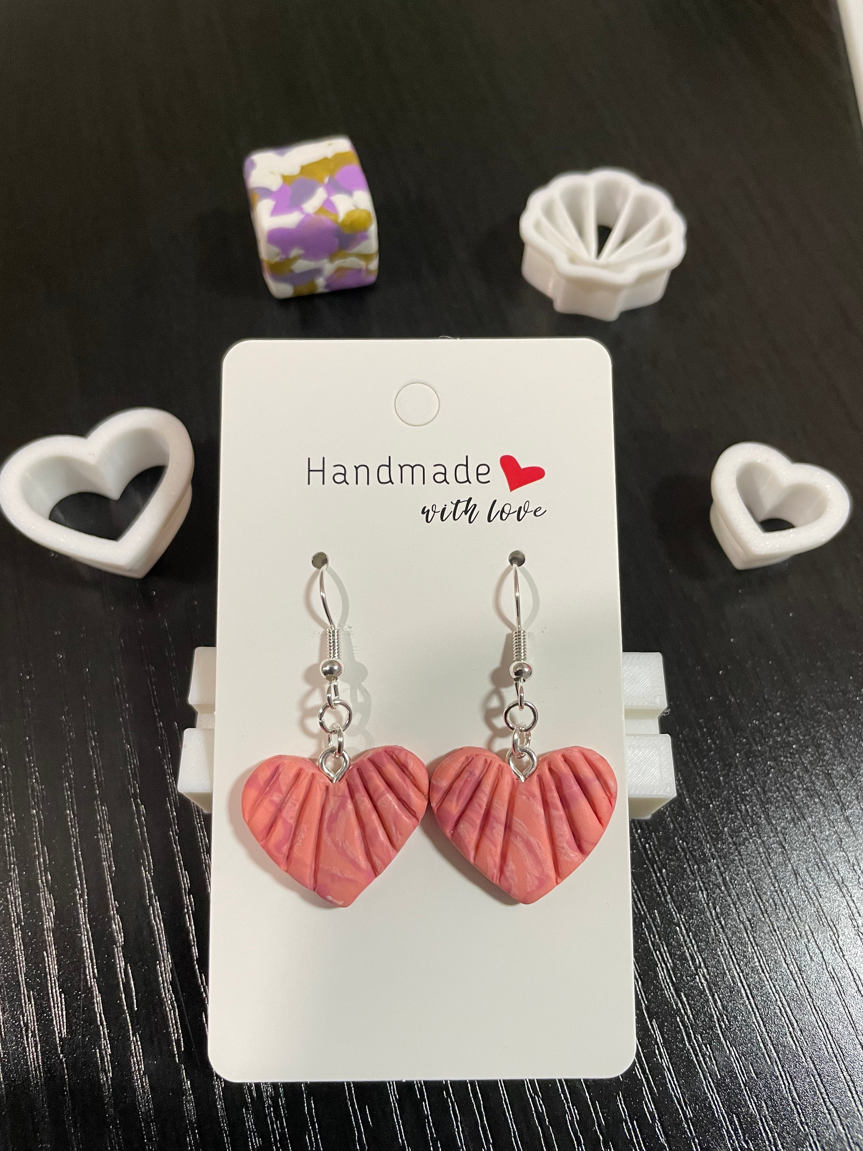 Unique Handmade Polymer Clay Love Heart Earrings. Marbled Pink Colour.