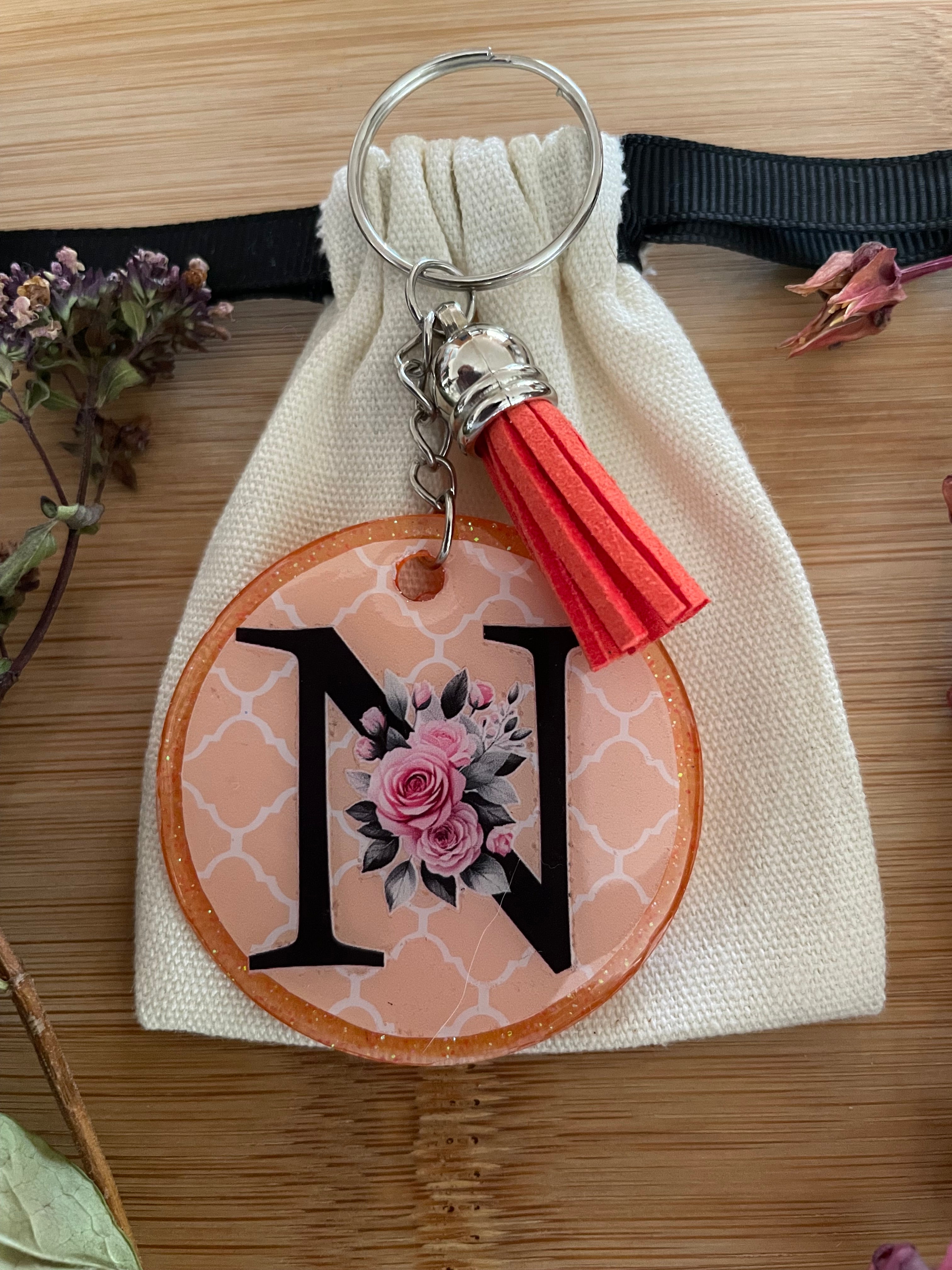 Handmade Letter N Acrylic and Resin Keychain with Vinyl Decals.