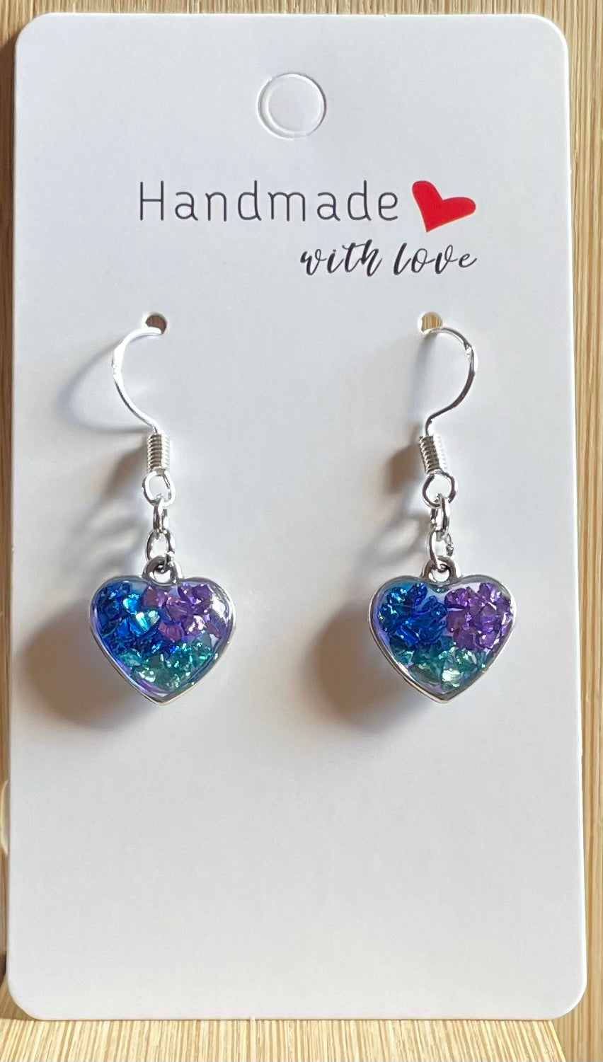 Tri-Colour Sparkly Love Heart Dangly Earrings. Perfect for a Gift, Special Occasions or Colourful Everyday Wear.