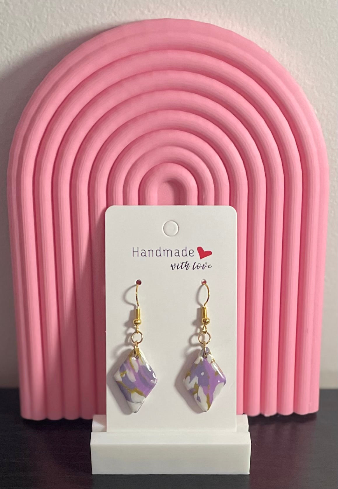 Unique Handmade Polymer Clay Dangly Earrings. Marbled Purple, White and Gold Tones. Finished With Clear Resin.