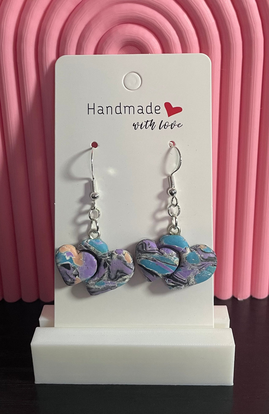 Unique Handmade Polymer Clay Double Heart Dangly Earrings. Multicolour Marbled Effect.