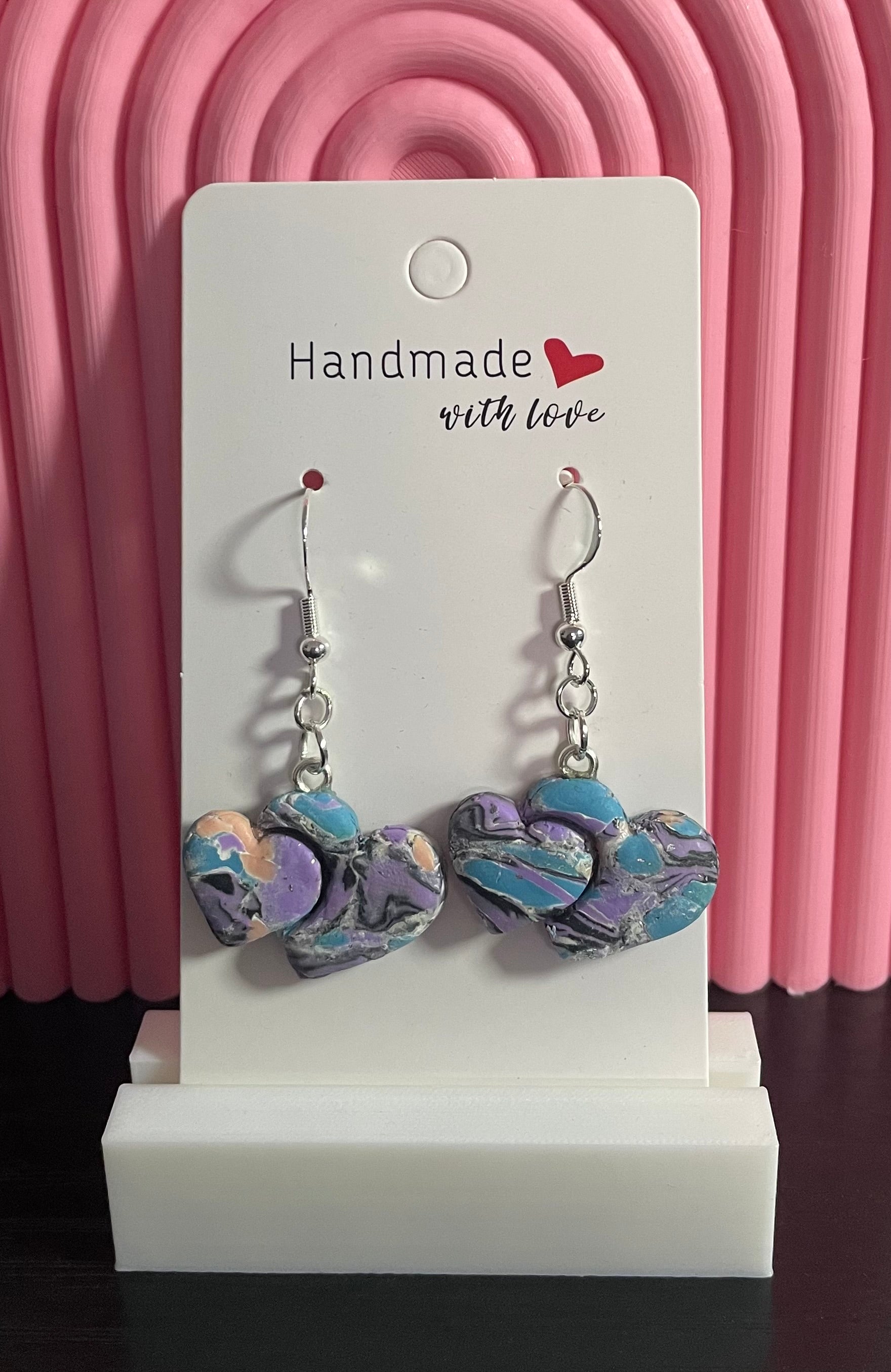 Unique Handmade Polymer Clay Double Heart Dangly Earrings. Multicolour Marbled Effect.