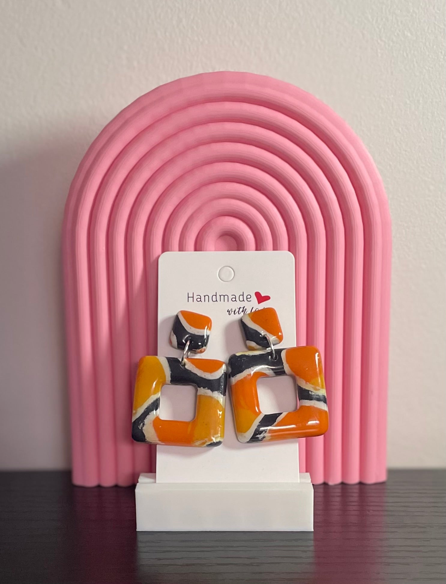 Unique Handmade Polymer Clay and Resin Earrings. One Of A Kind Orange, Yellow, Black and White.