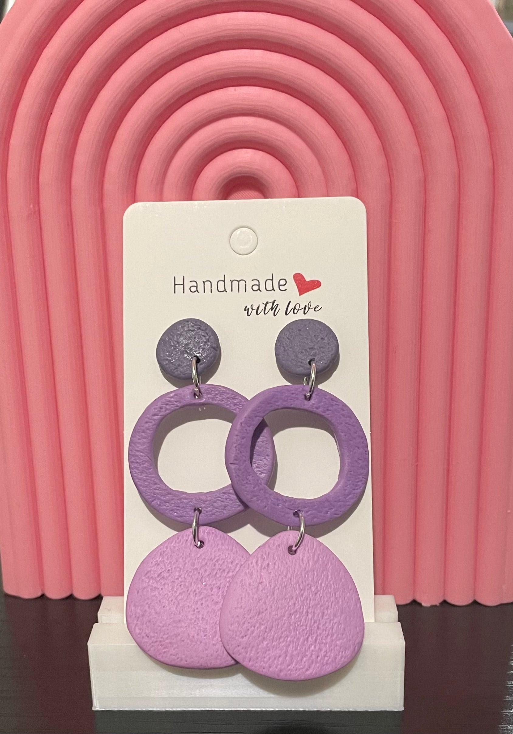 Unique Handmade Polymer Clay Abstract Dangly Earrings. 3 Tones Of Purple.