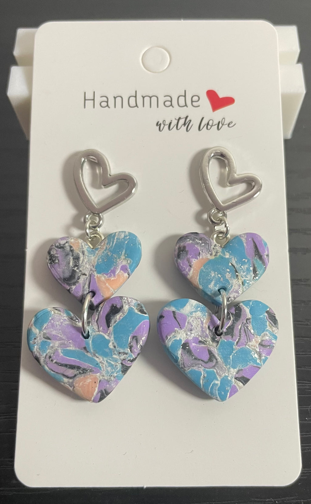 Unique Handmade Polymer Clay Triple Heart Dangly Earrings. Multi coloured Marbled Design.