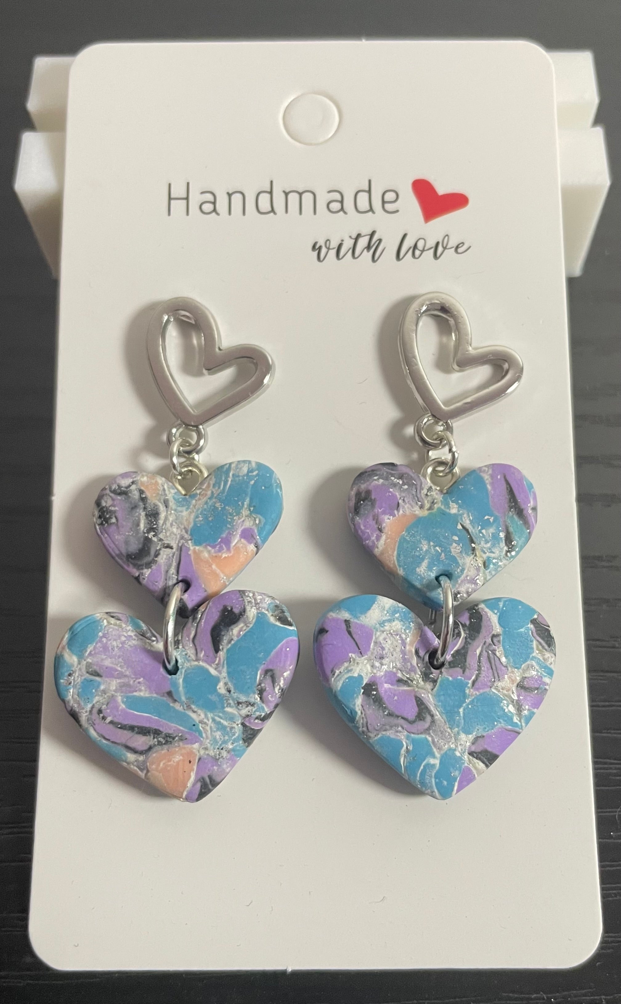 Unique Handmade Polymer Clay Triple Heart Dangly Earrings. Multi coloured Marbled Design.