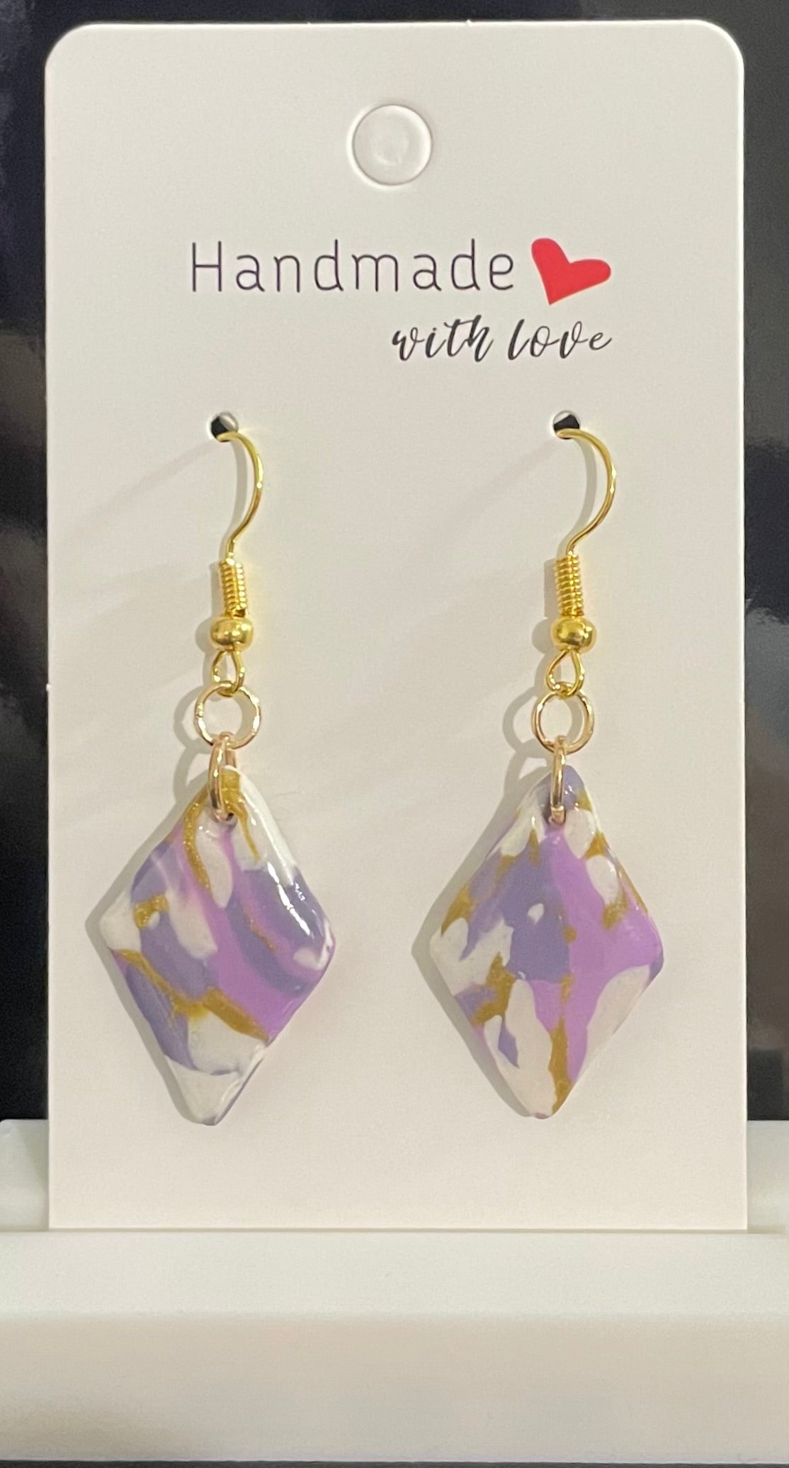 Unique Handmade Polymer Clay Dangly Earrings. Marbled Purple, White and Gold Tones. Finished With Clear Resin.