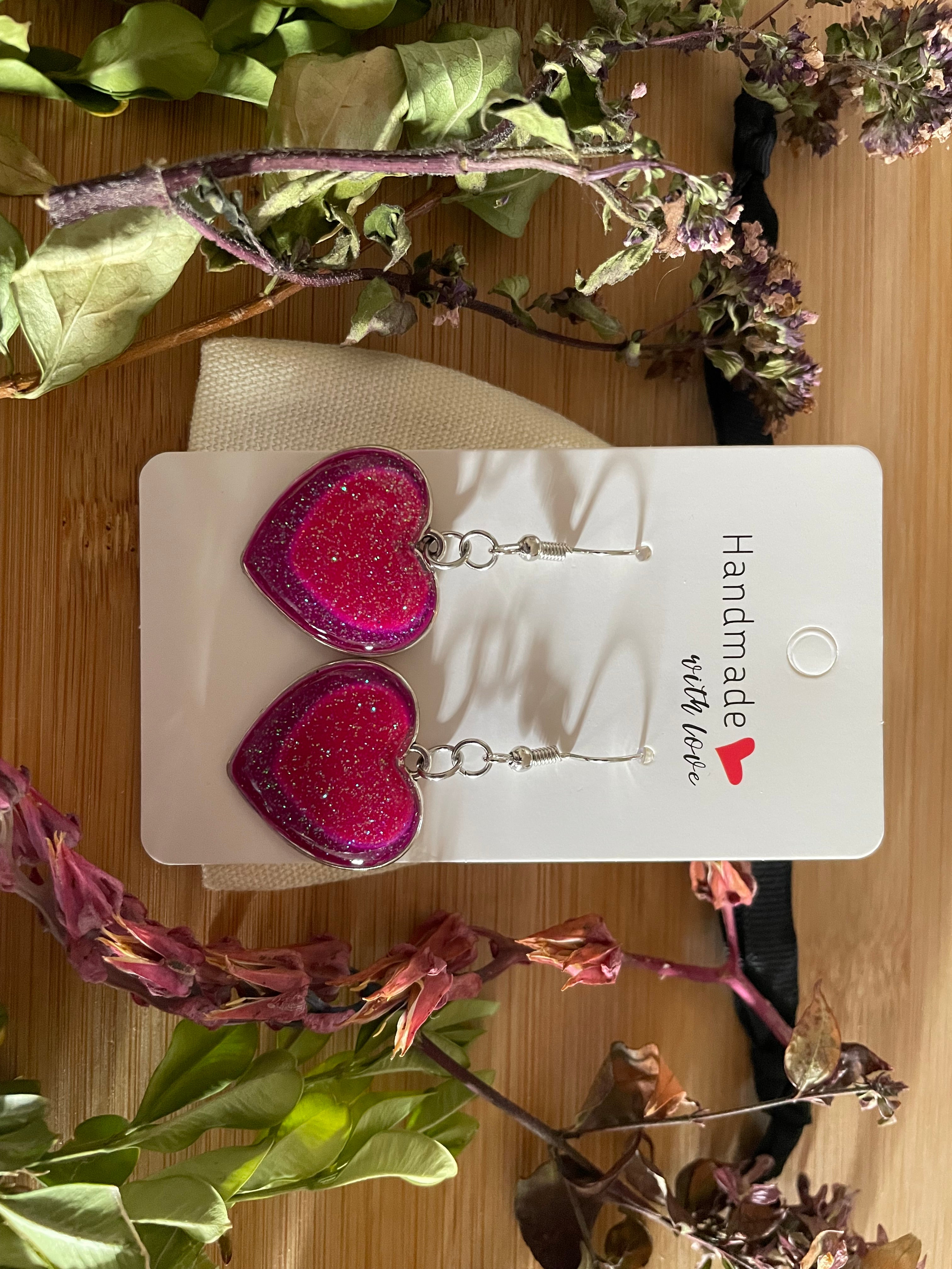 Unique Sparkly, Glittery and Dangly Pink and Purple Handmade Resin Love Heart Earrings