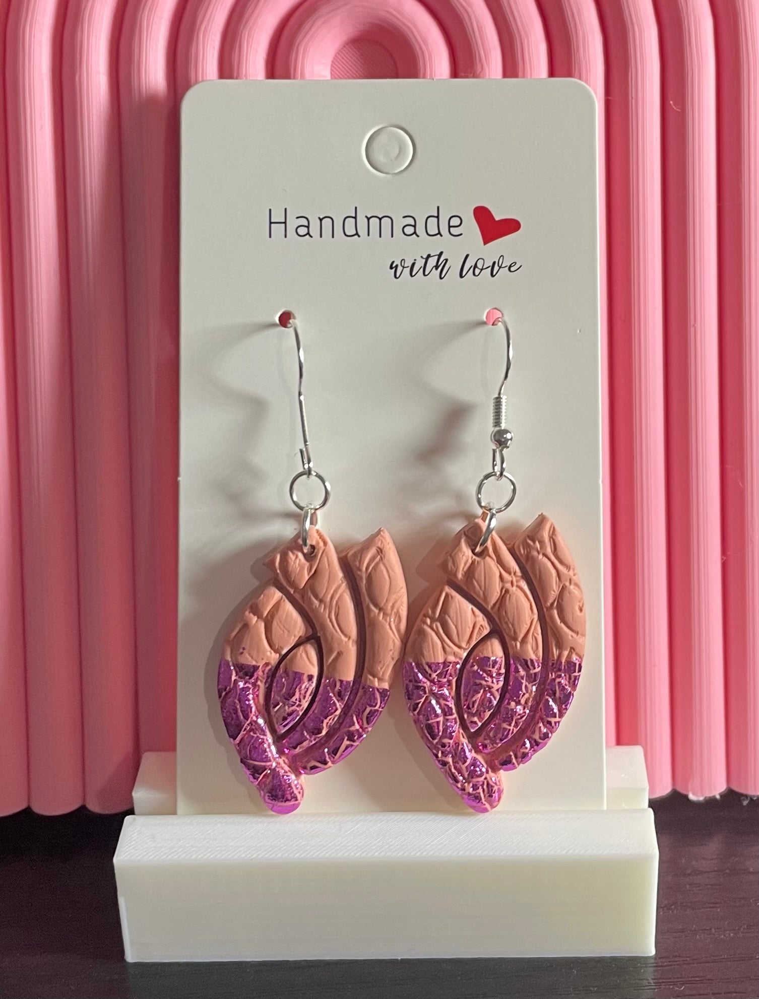 Unique Handmade Polymer Clay Dangly Earrings. Salmon Colour with Magenta/Purple Foil.