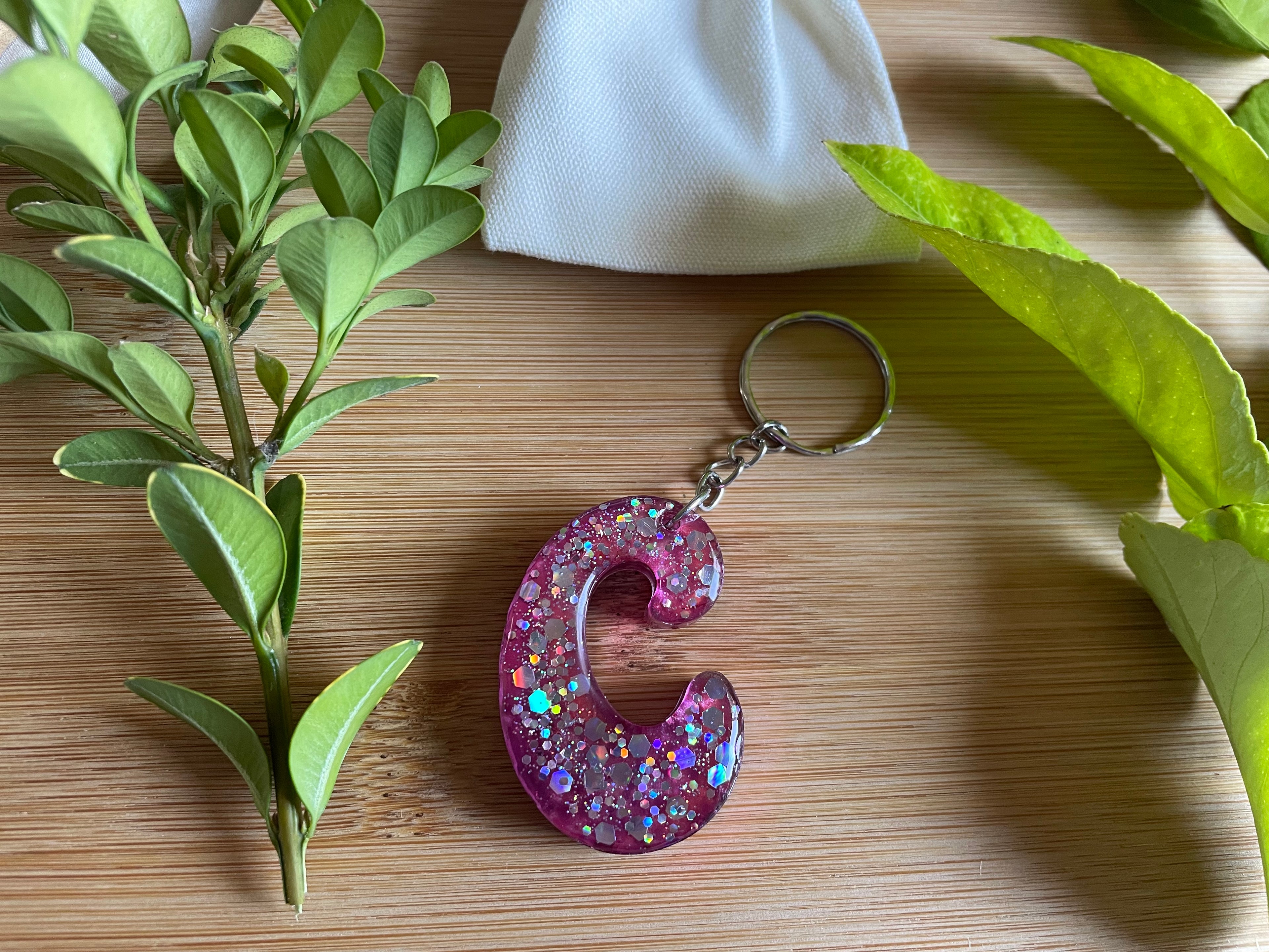Unique Handmade Resin Keyring-Letter C. Pink with Sparkly Glitter