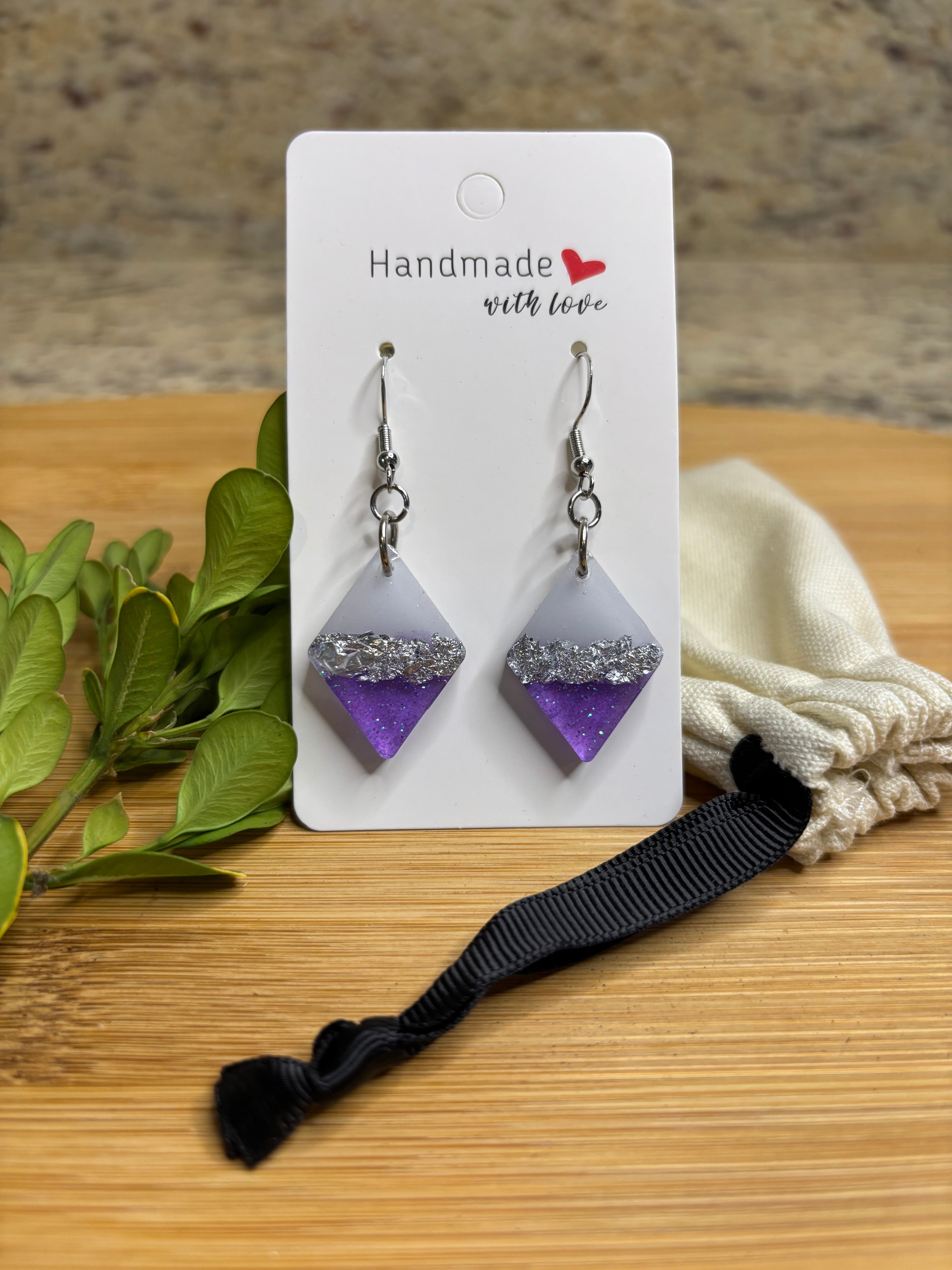 Sparkly Two Tone Dangly Earrings with Silver Foil