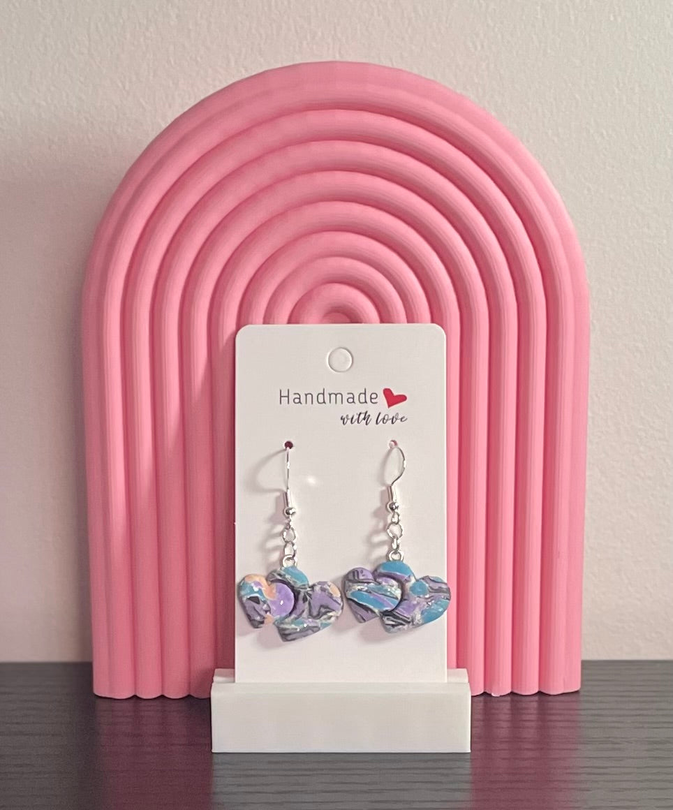 Unique Handmade Polymer Clay Double Heart Dangly Earrings. Multicolour Marbled Effect.